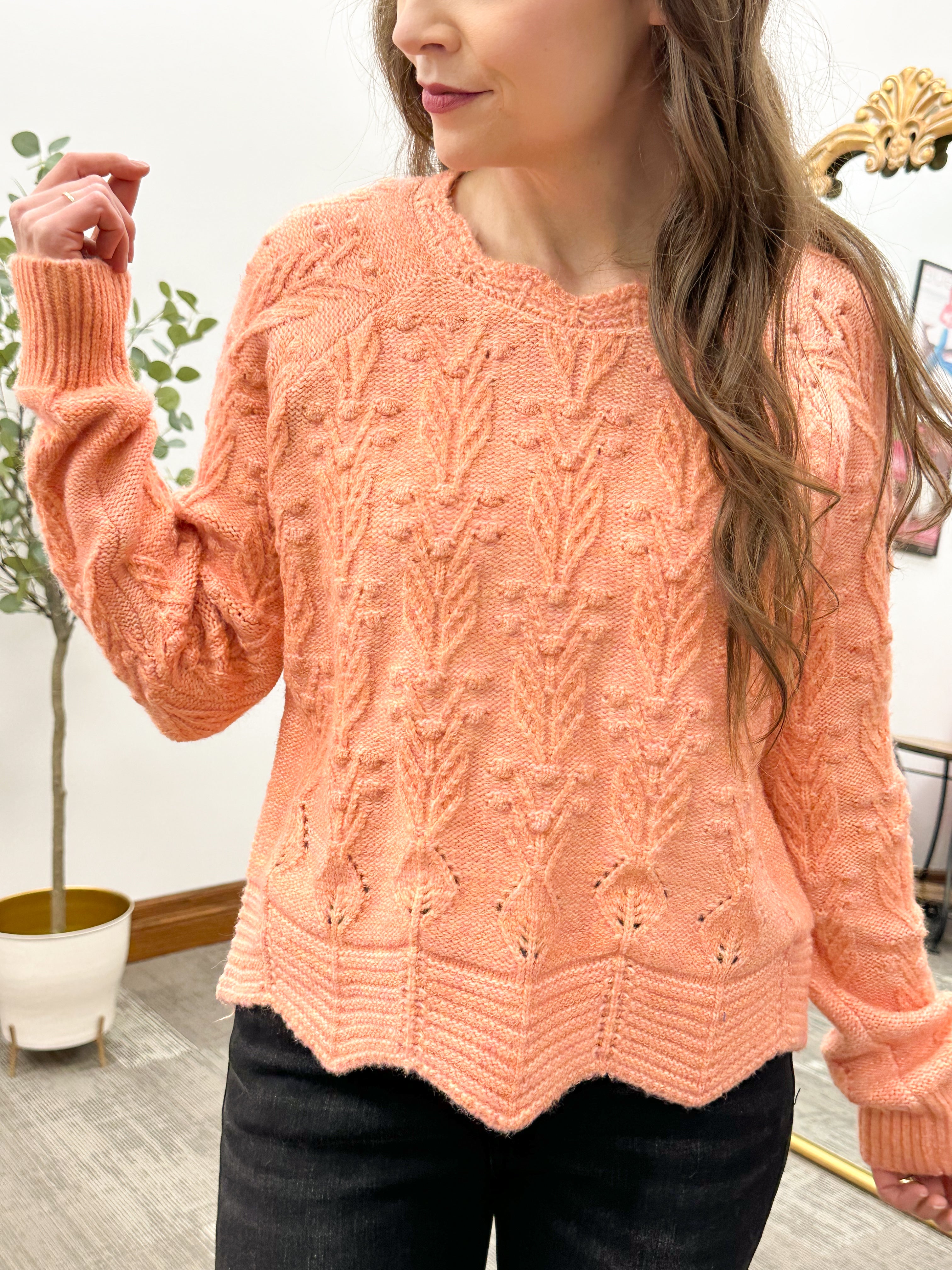 Ally Scallop Hem Pom Sweater