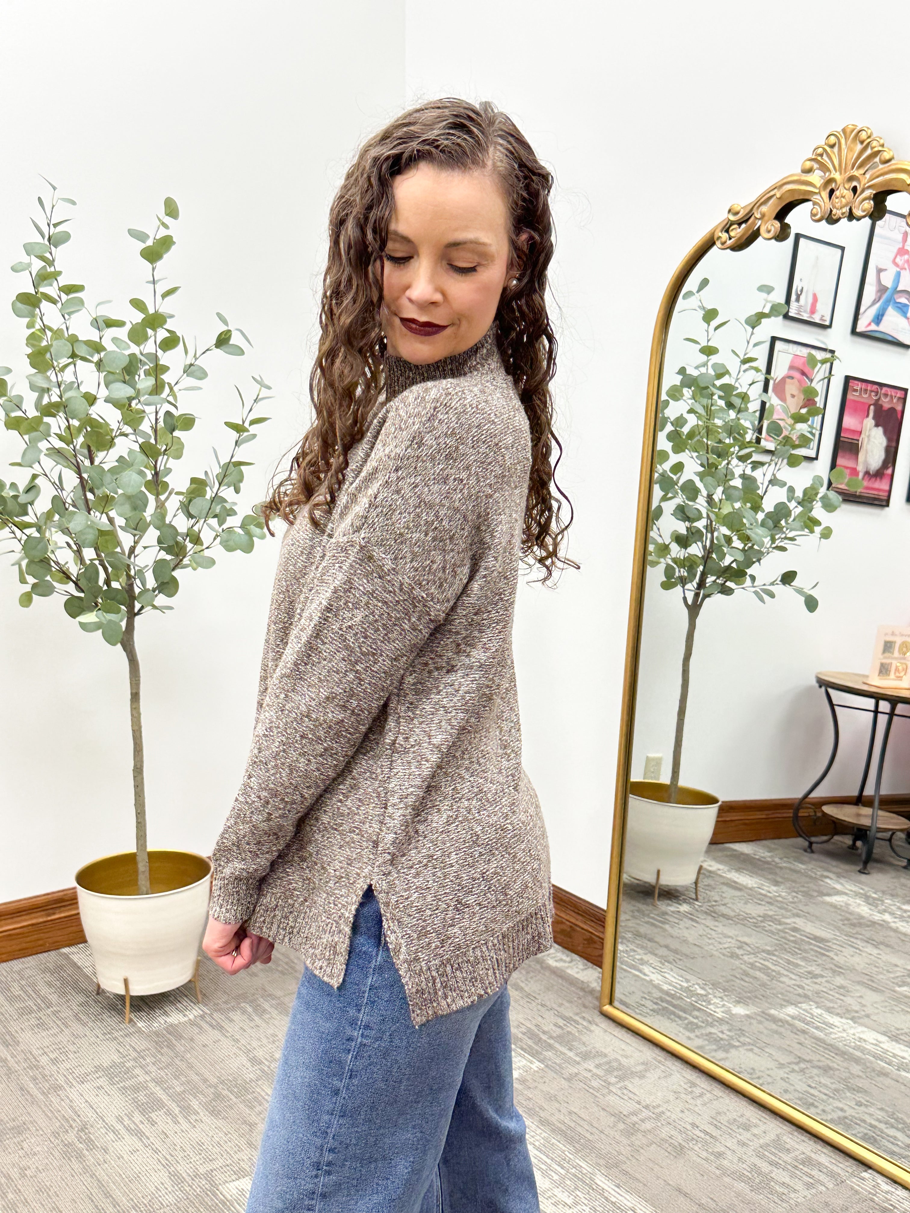 Brown Marled Mock Neck Sweater