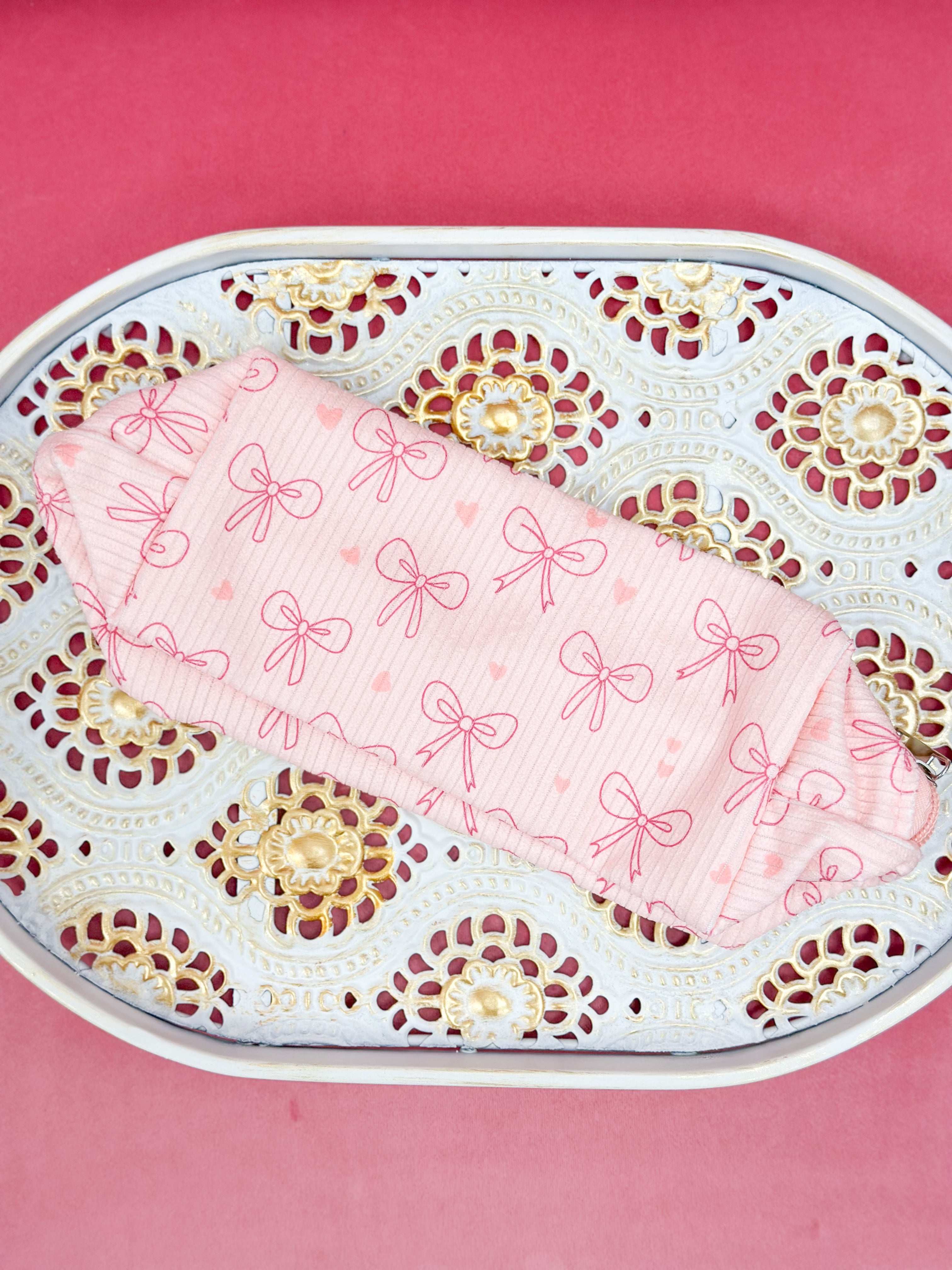 Corduroy bow printed cosmetic bag