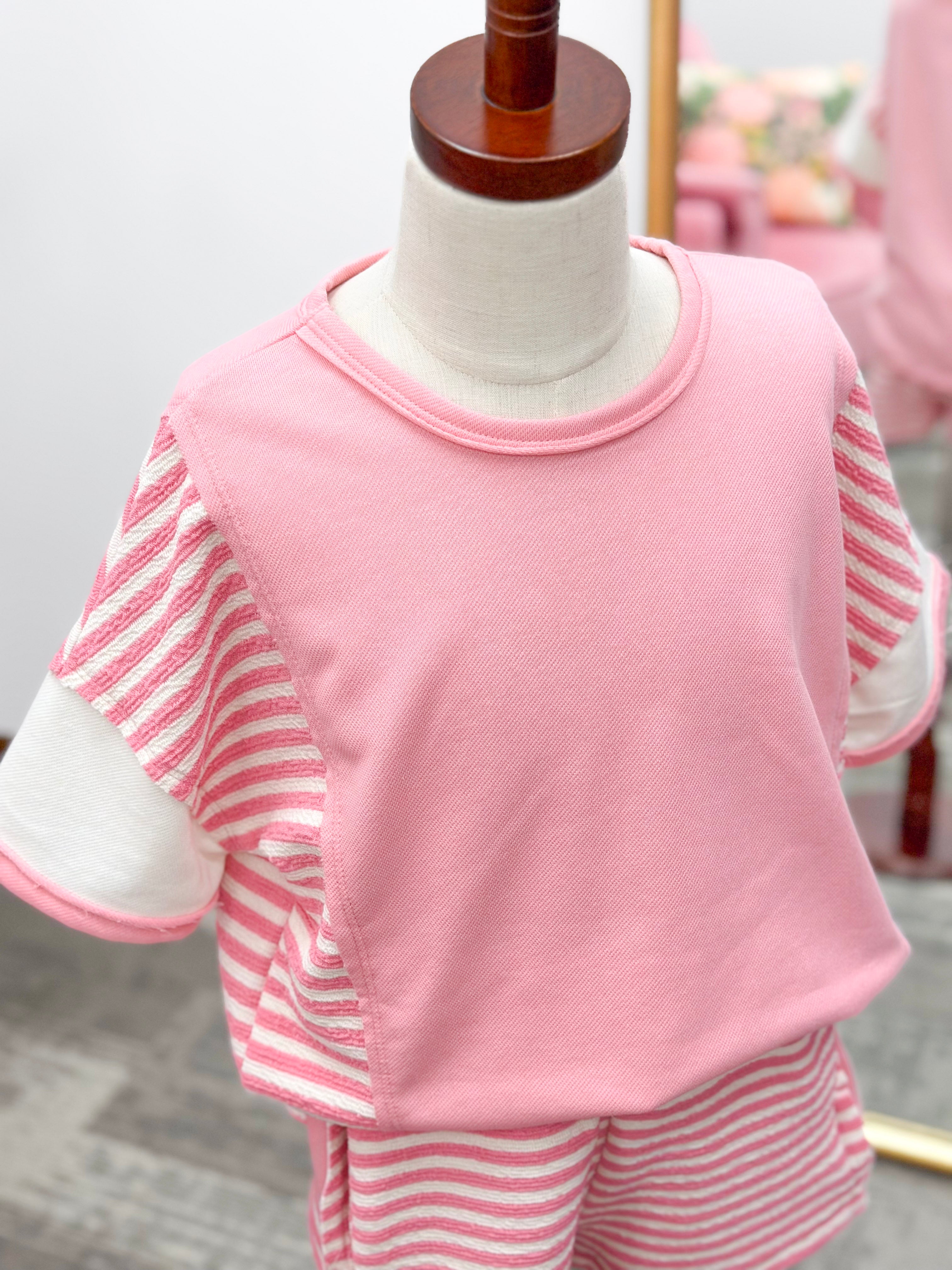 Girls Pink Striped Colorblock Top That Goes with Matching Shorts to make a matching set