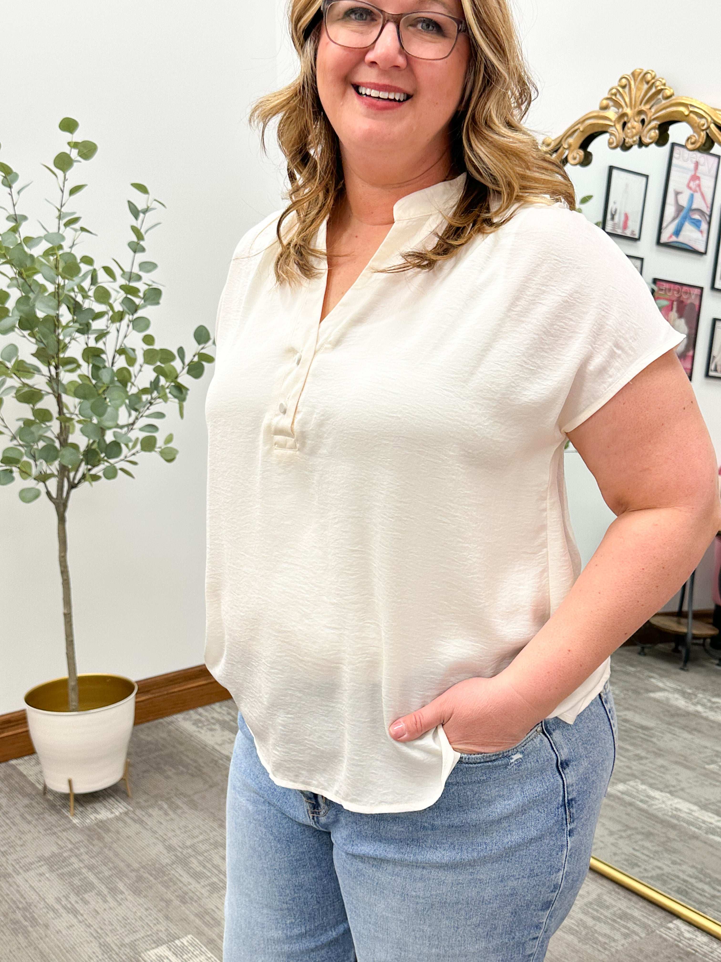 Plus size cream v-neck blouse