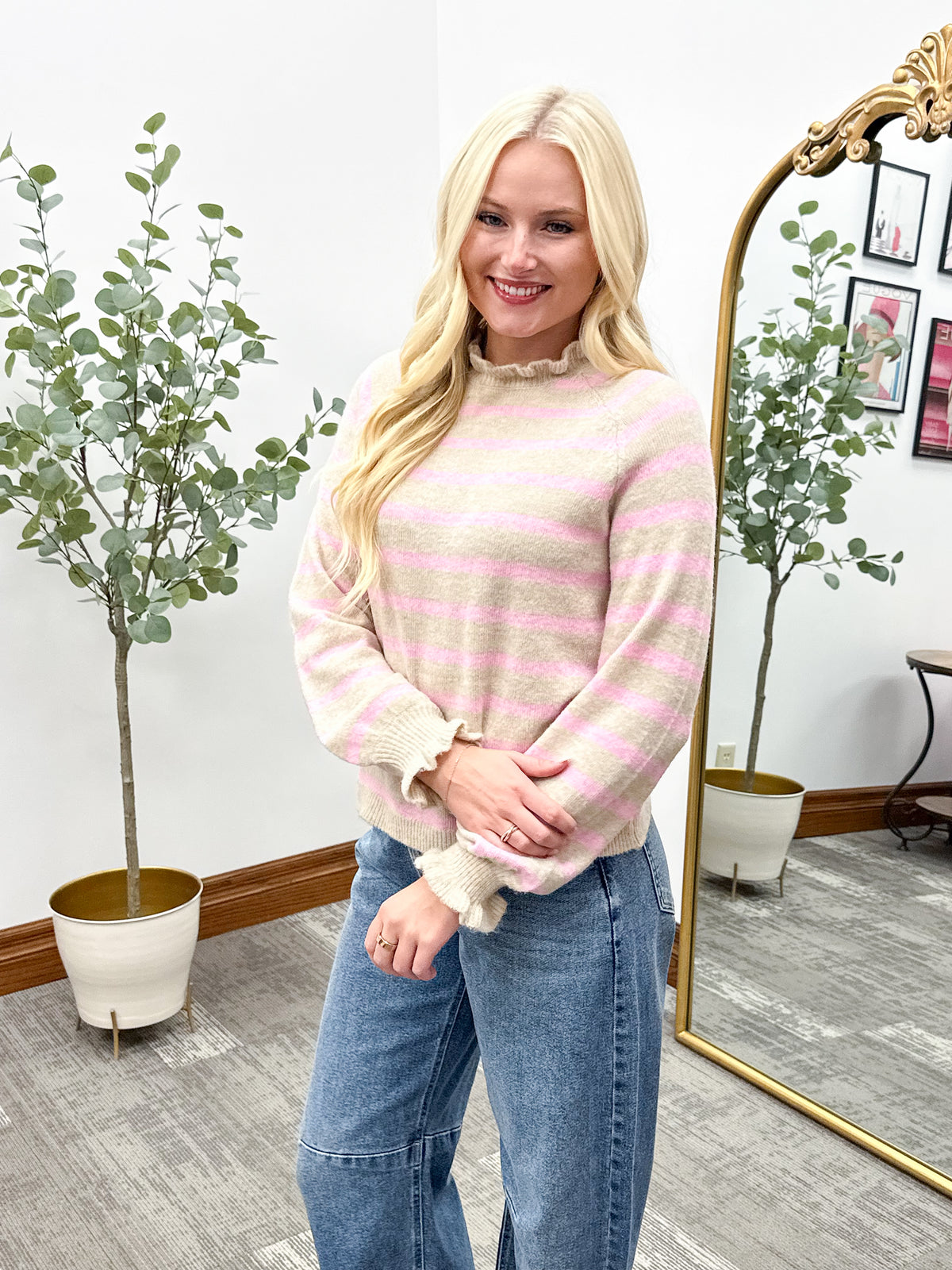 Pink & Taupe Striped Ruffle Mock Neck Sweater
