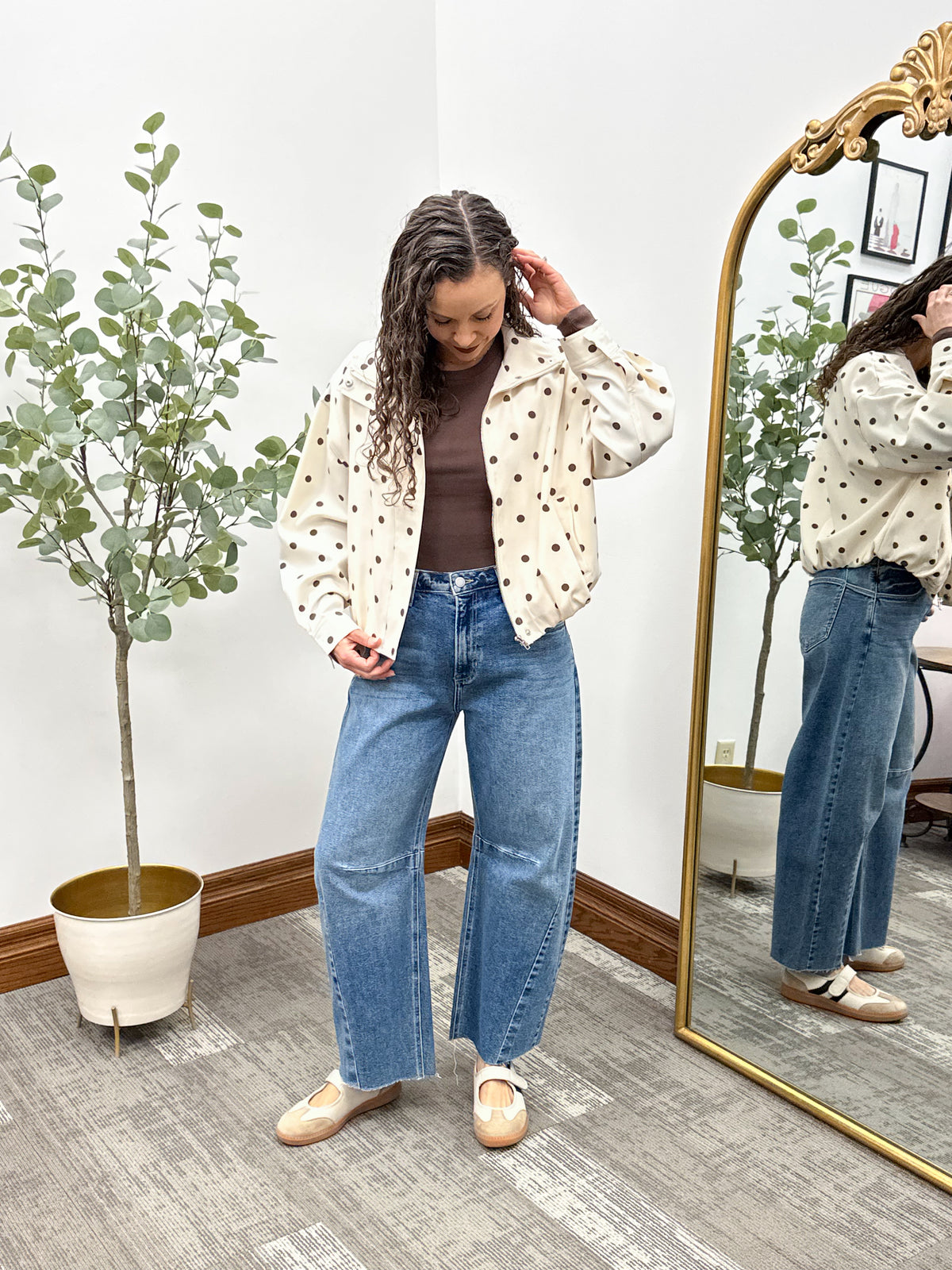 Cream & Brown Polka Dot Bubble Hem Jacket