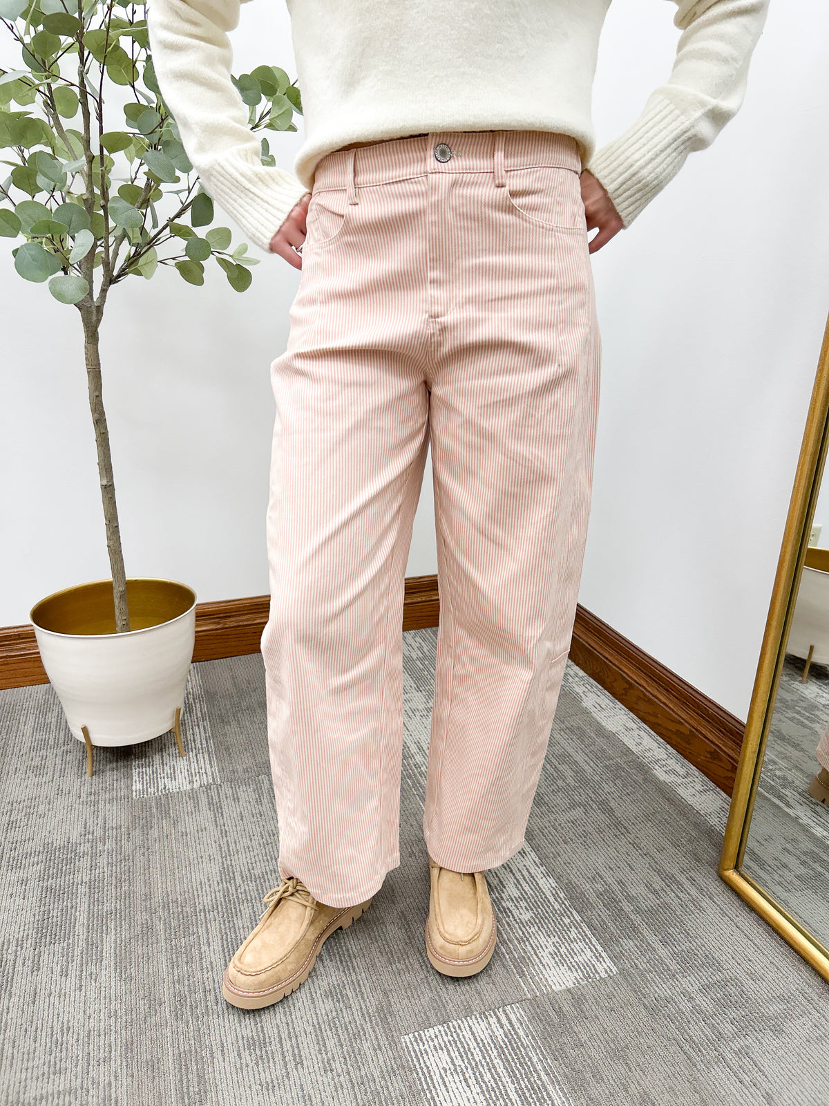 Pink and cream striped barrel jeans