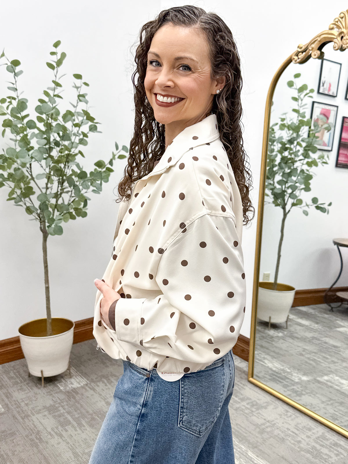 Cream & Brown Polka Dot Bubble Hem Jacket