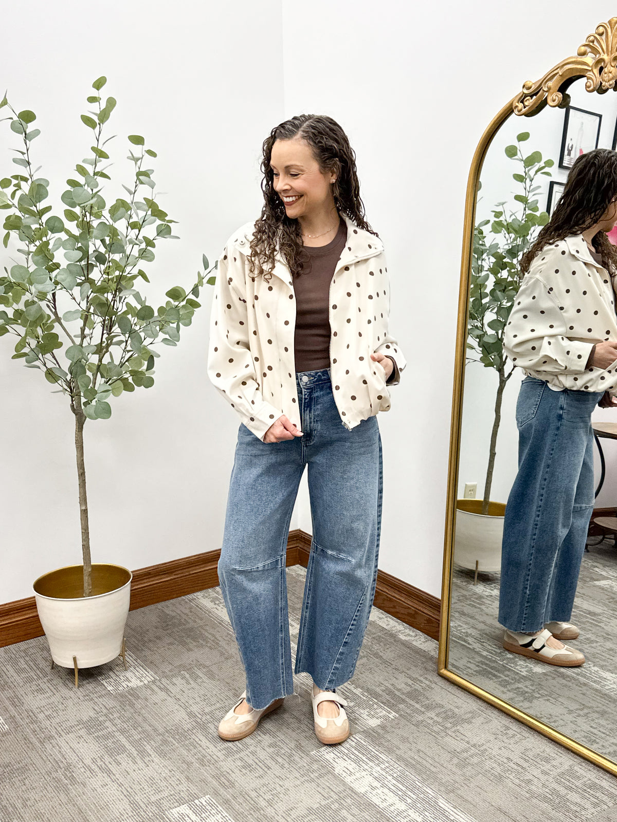 Cream & Brown Polka Dot Bubble Hem Jacket