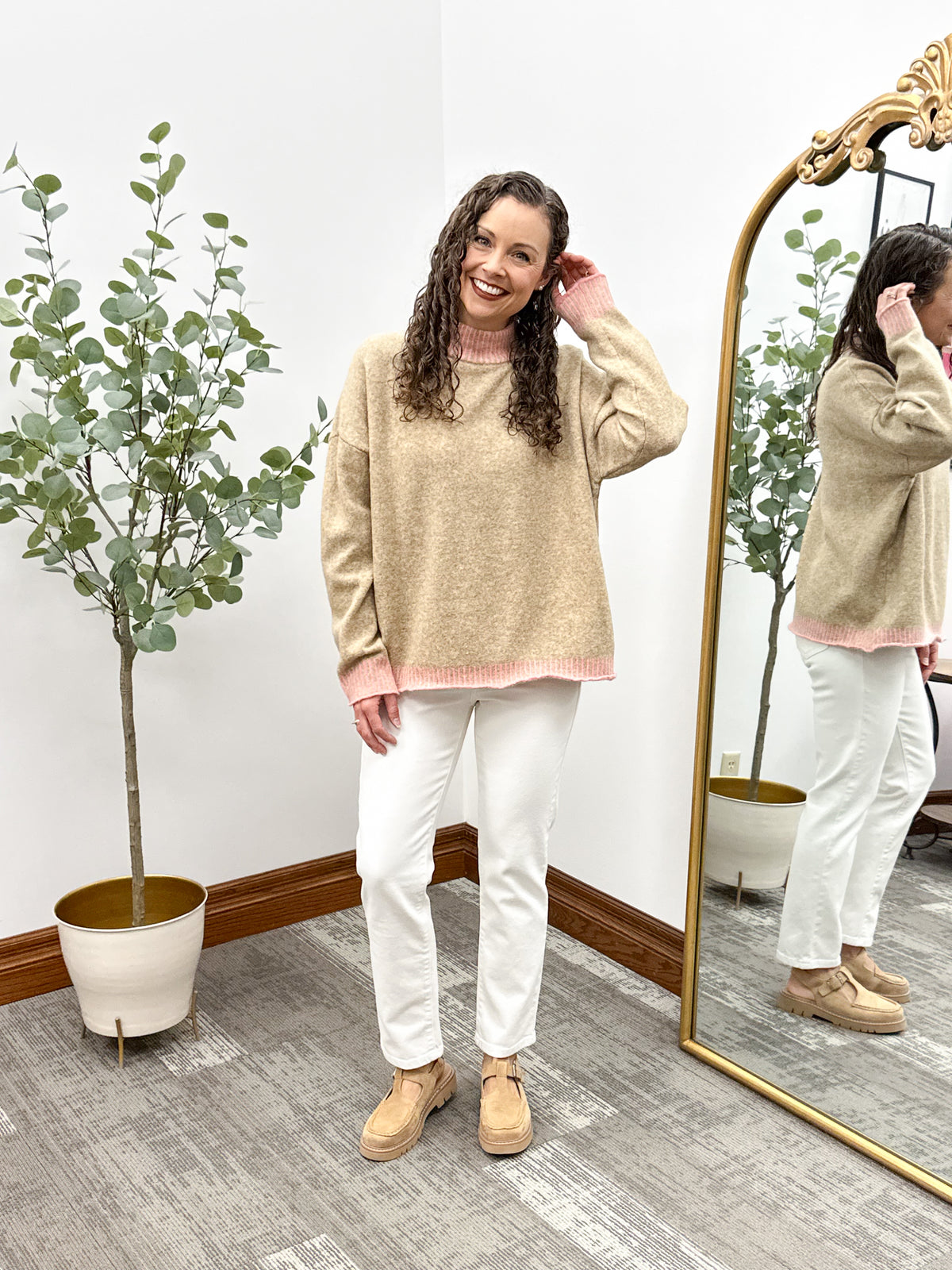 Tan Oversized Sweater with Pink Trim