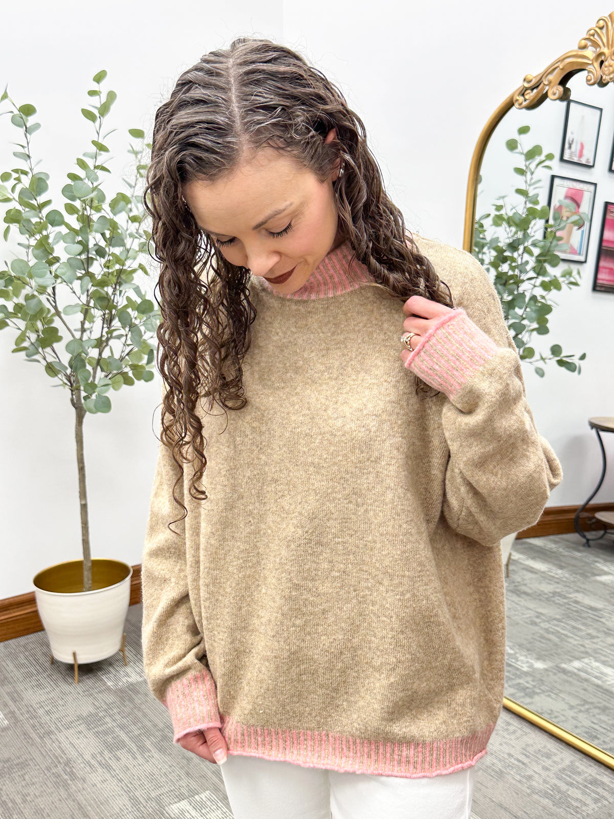 Tan Oversized Sweater with Pink Trim