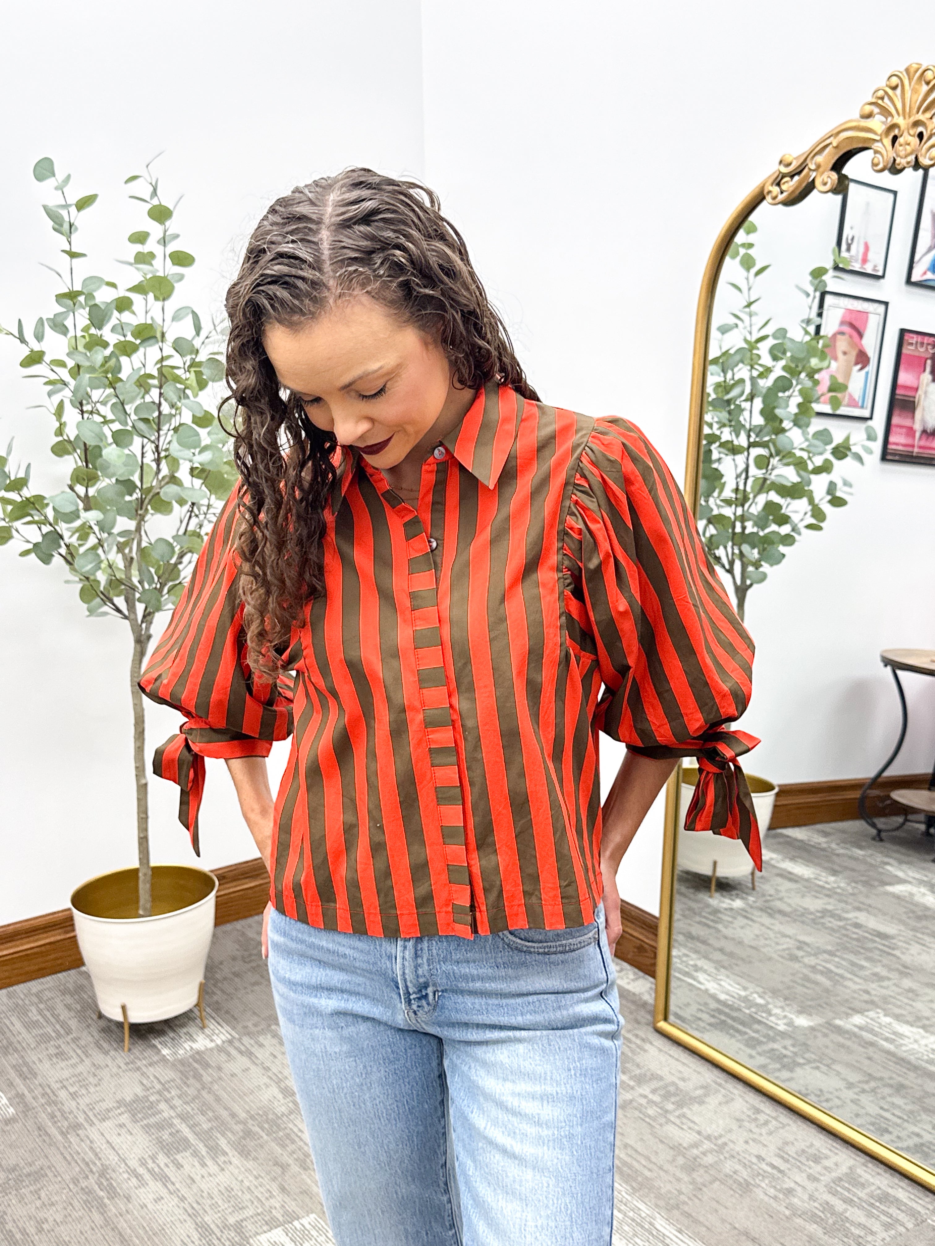Tie Sleeve red & brown Striped Button Up Blouse, Entro blouse 