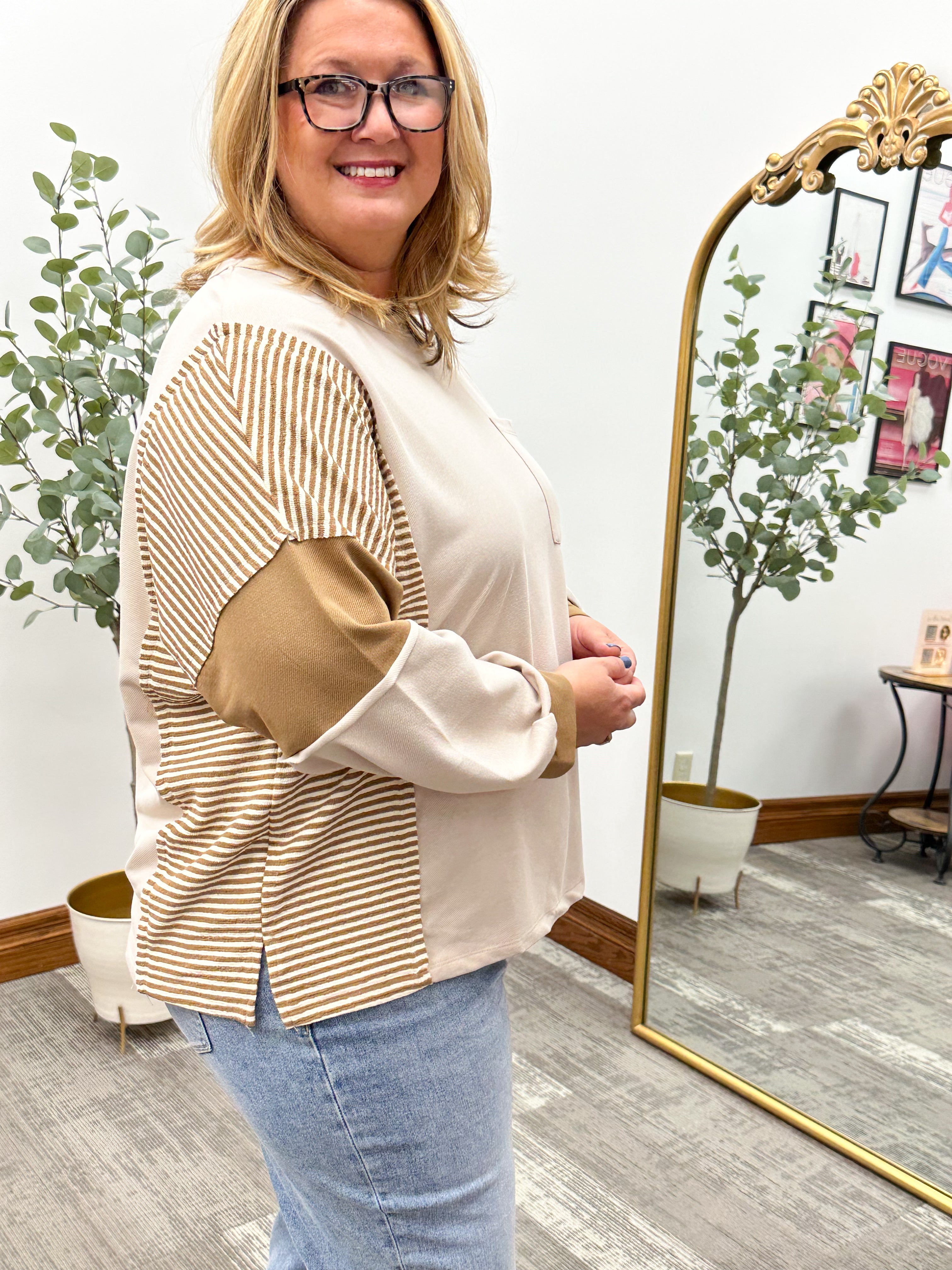 Plus Size Striped & Colorblock Detail Casual Top