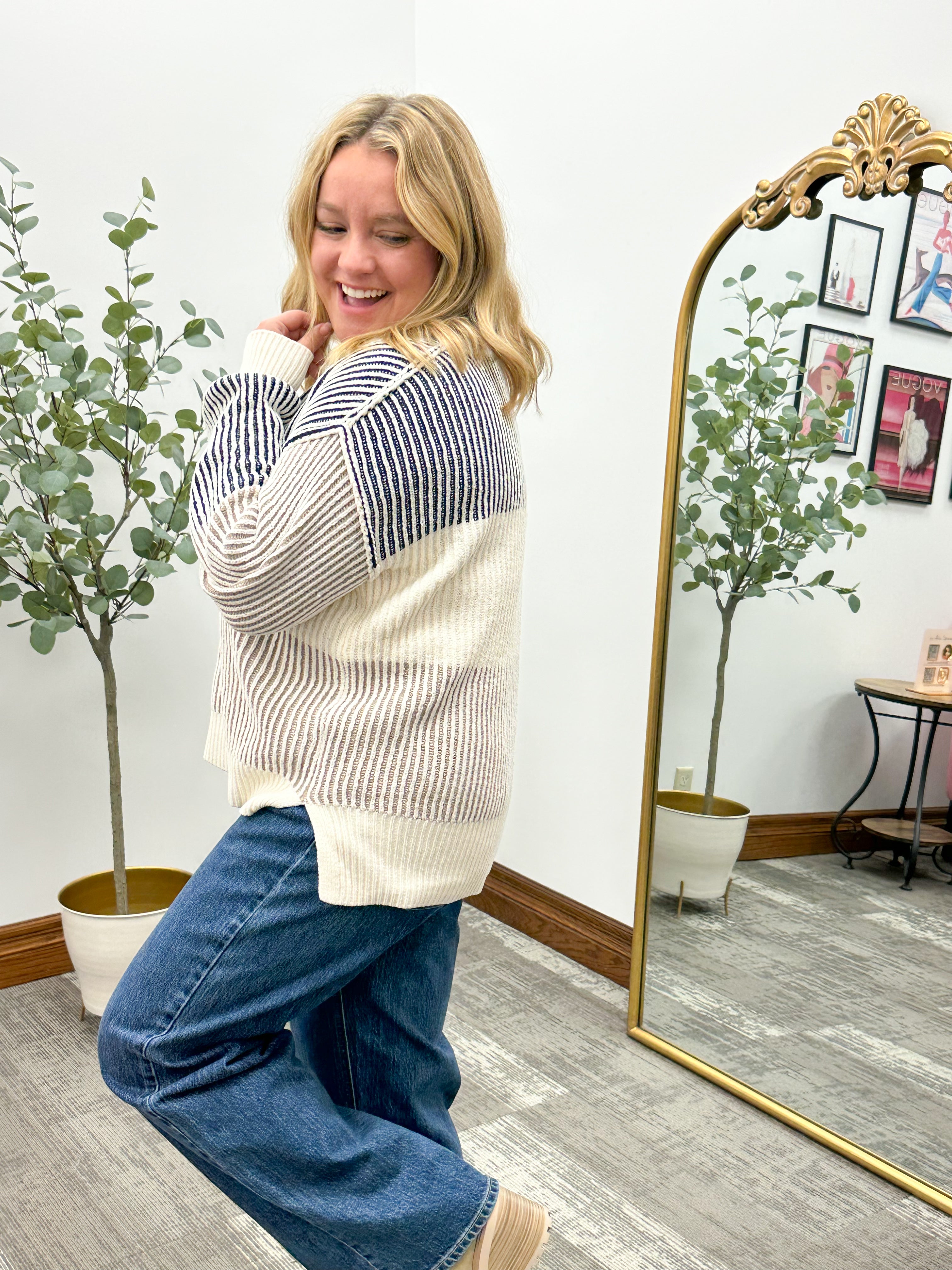 Neutral Color Block Ribbed Sweater