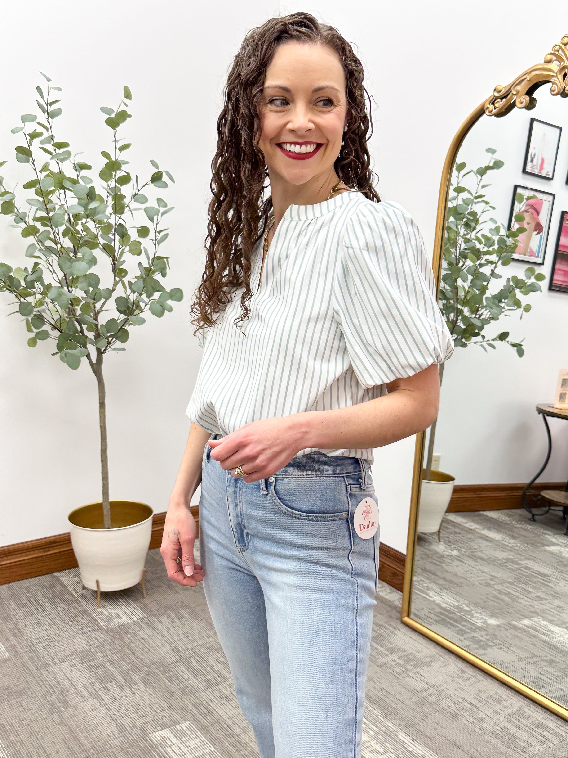 Sage & White Striped Puff Sleeve Blouse