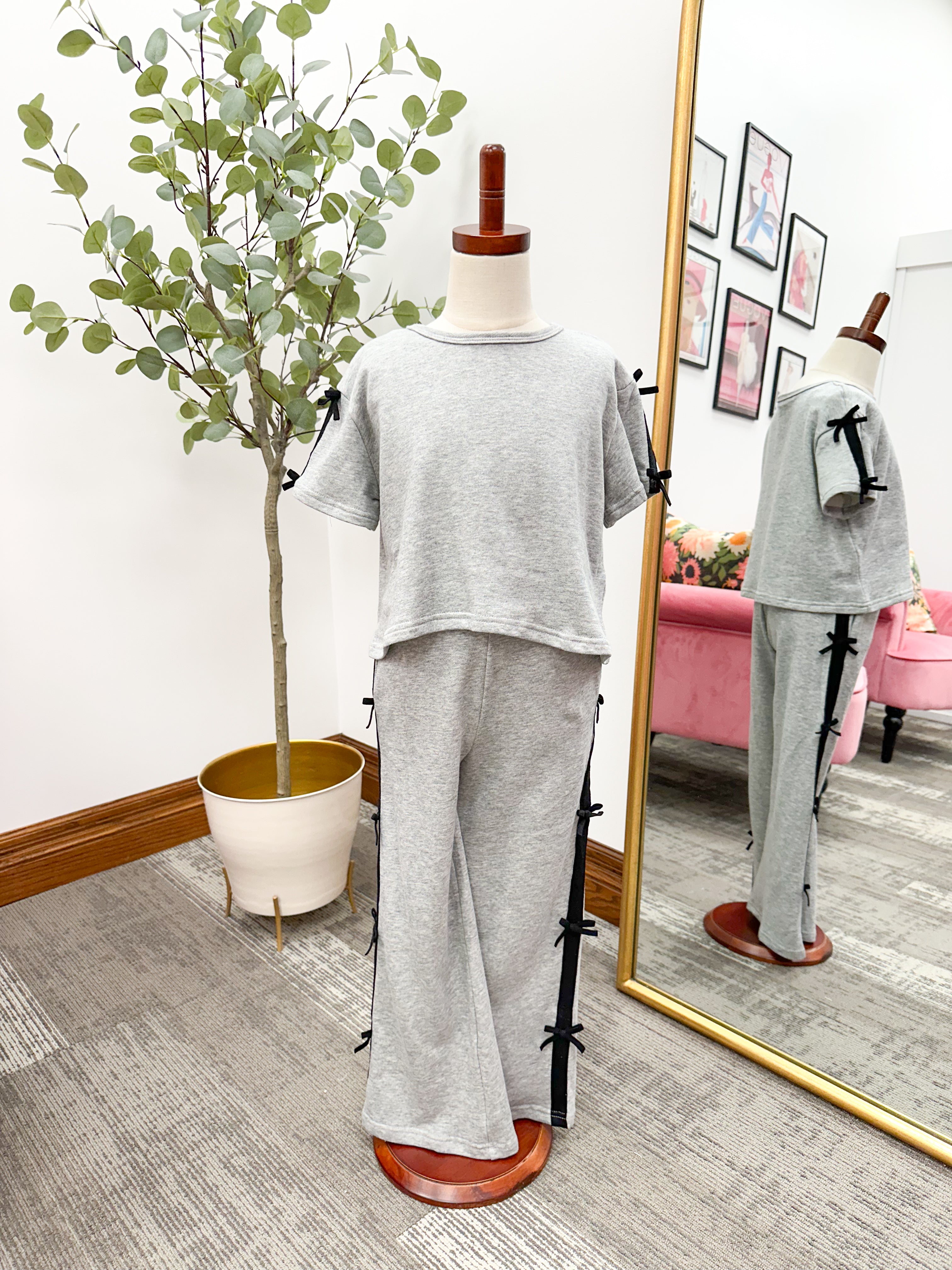 Girls Heather Gray Bow Wide Leg Pants