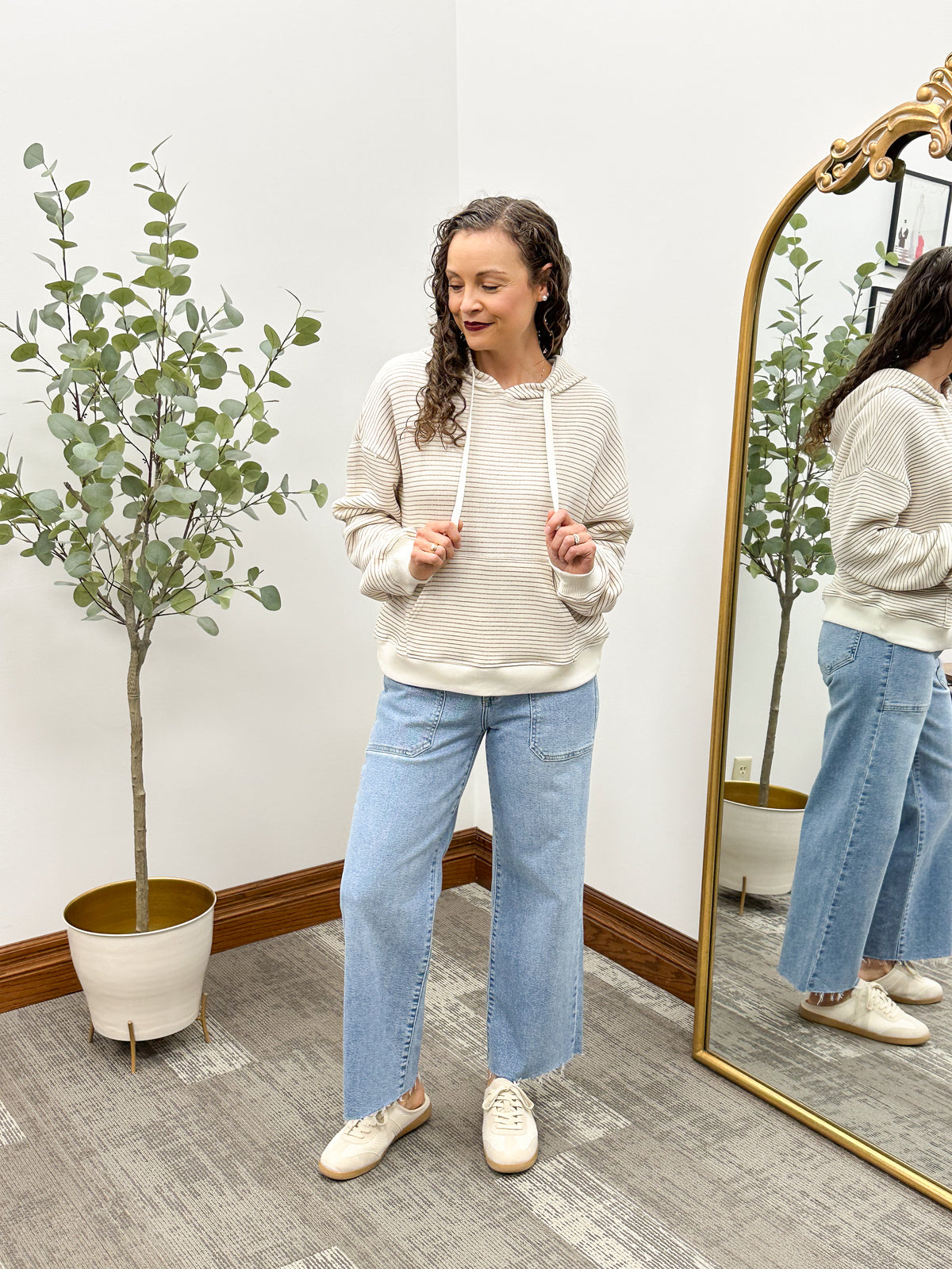 Cream & Taupe Striped Fleece Hoodie