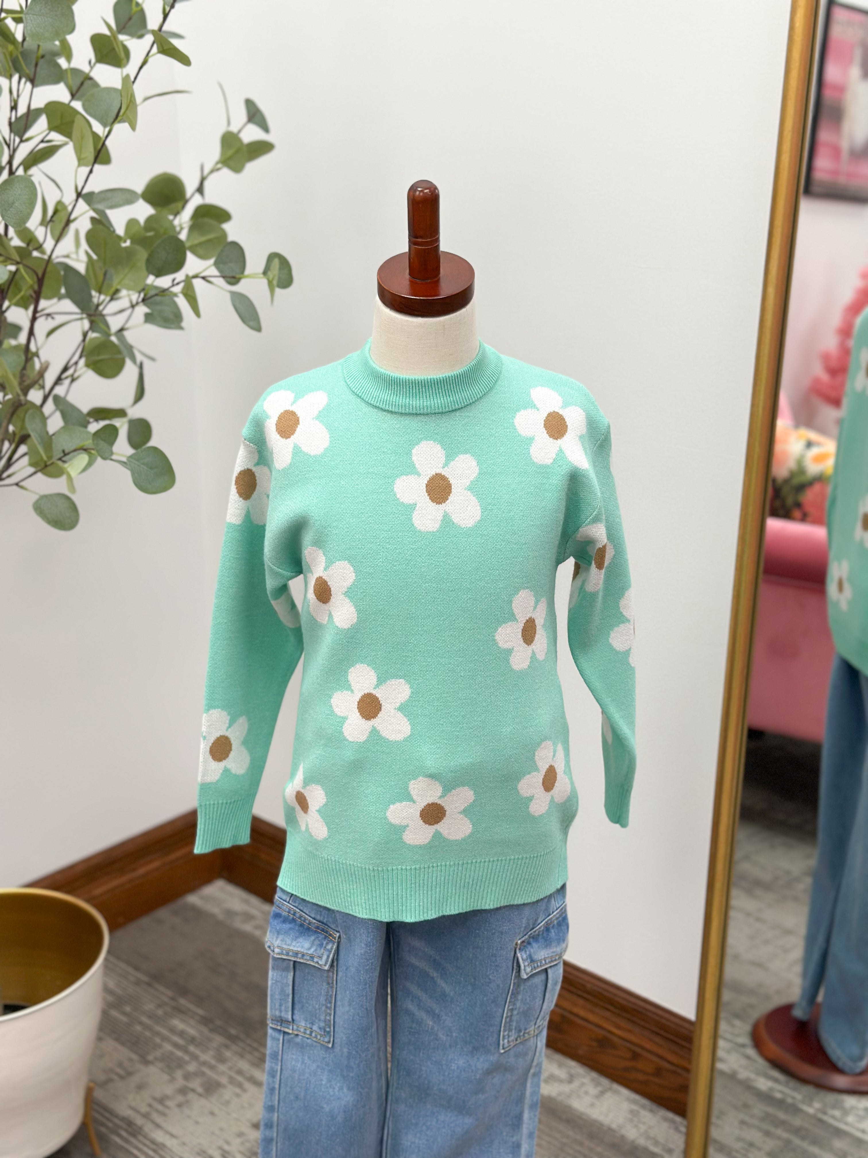 Girls Mint Floral Sweater