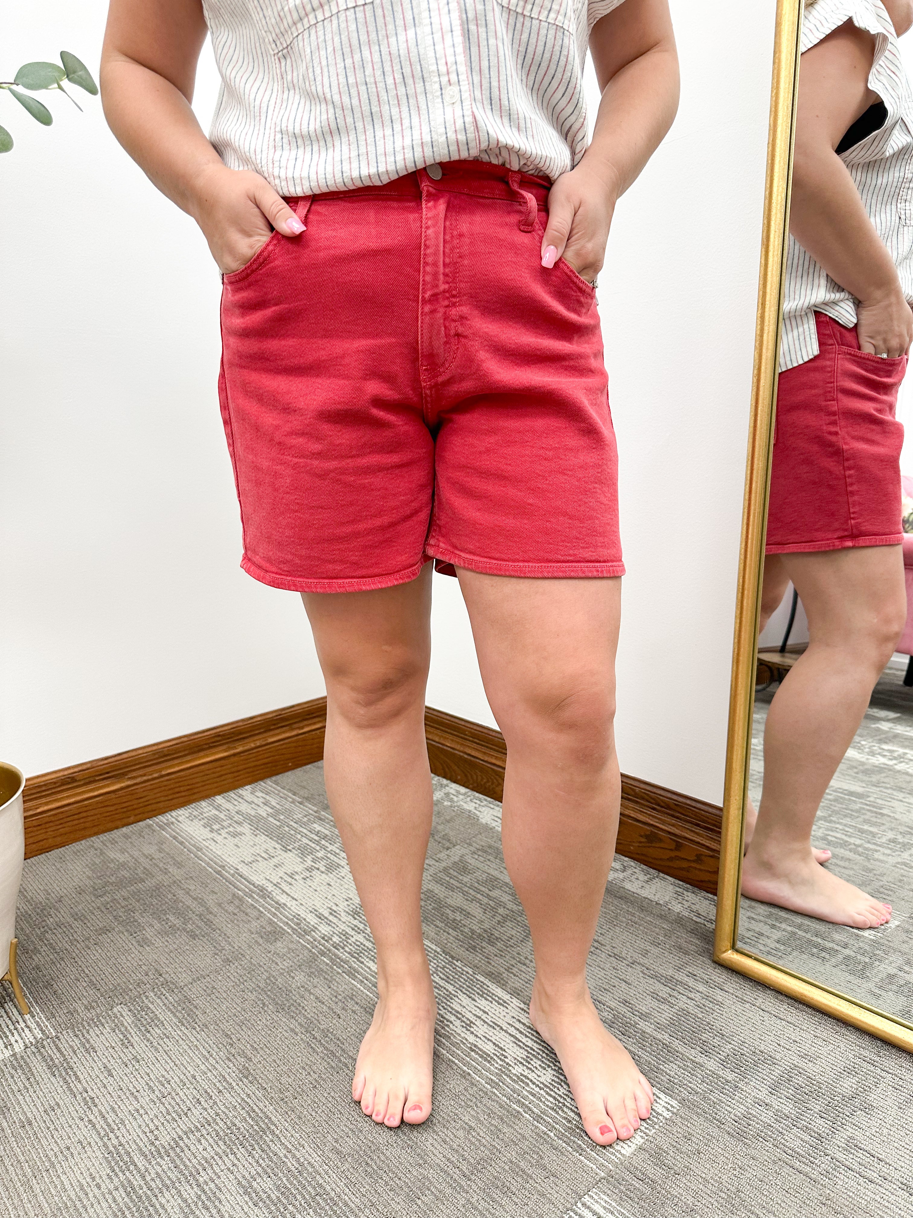 Non Distressed Red Denim Shorts