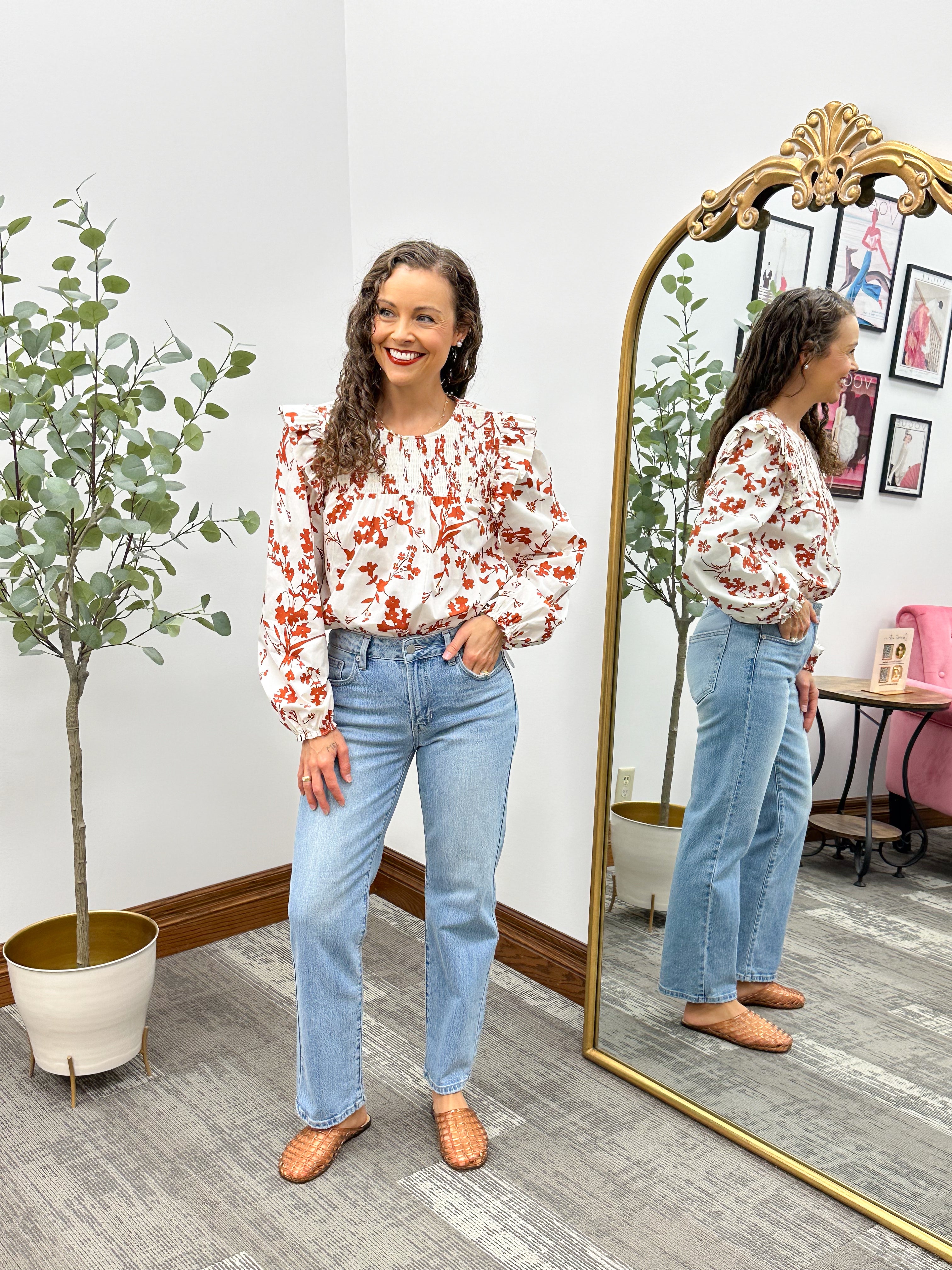 Ivory & Rust Floral Ruffle Blouse