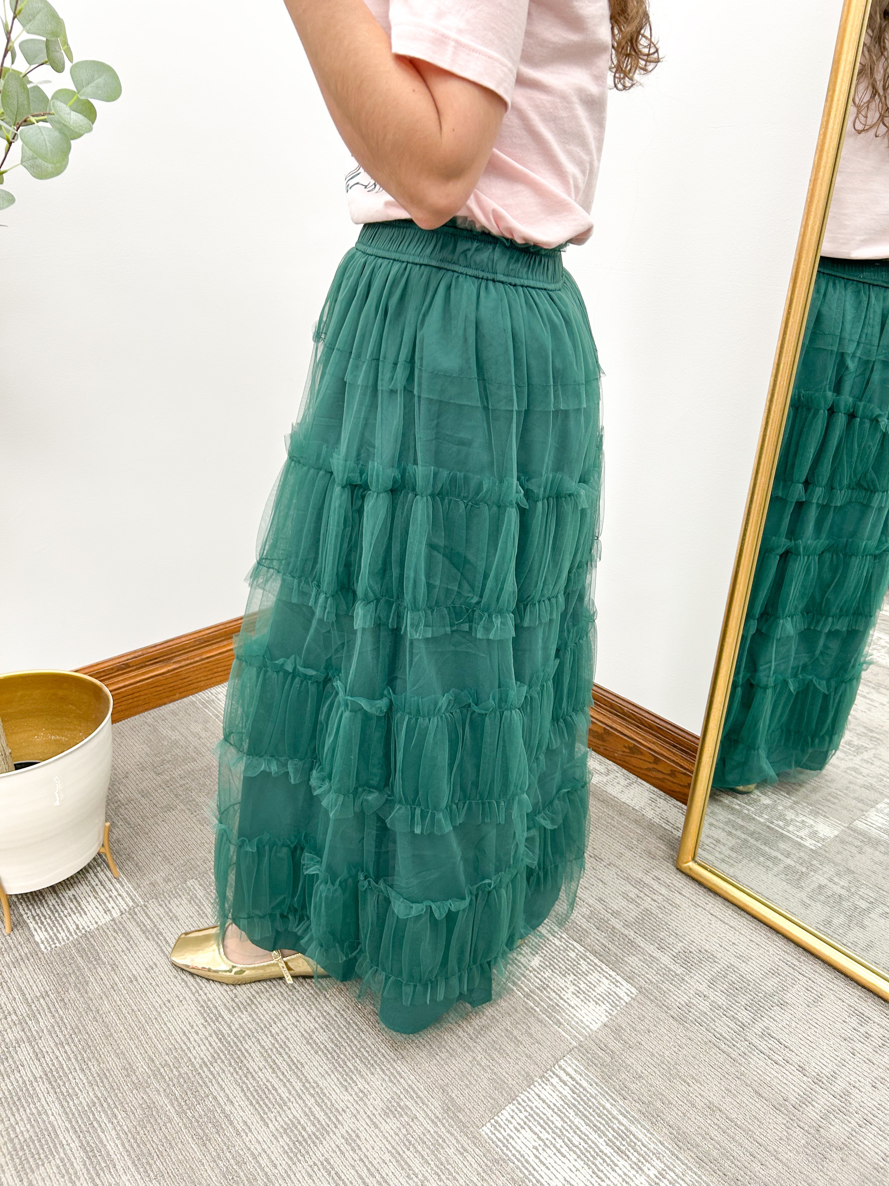 Green Tiered Mesh A-Line Maxi Skirt