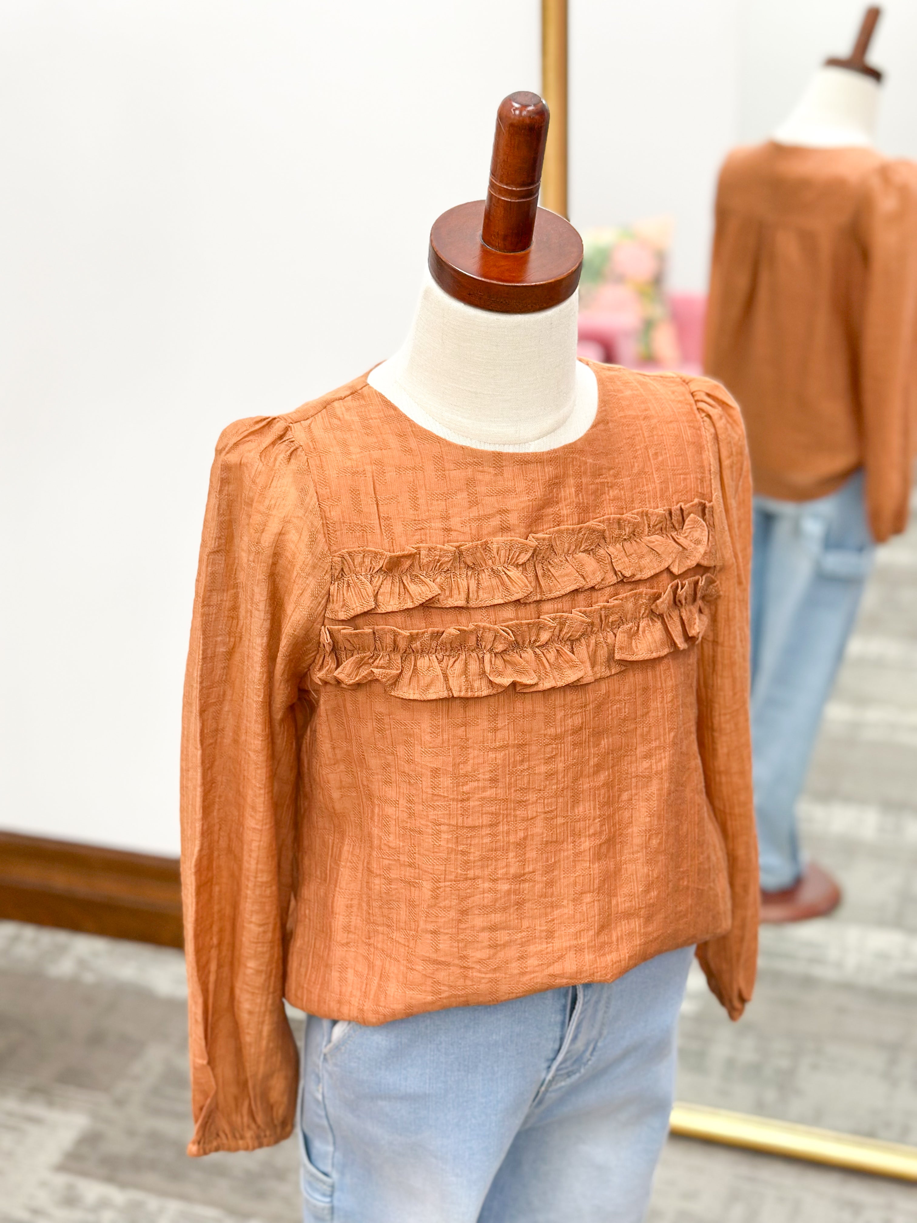 Girls Ruffle Puff Sleeve Long Sleeve Blouse