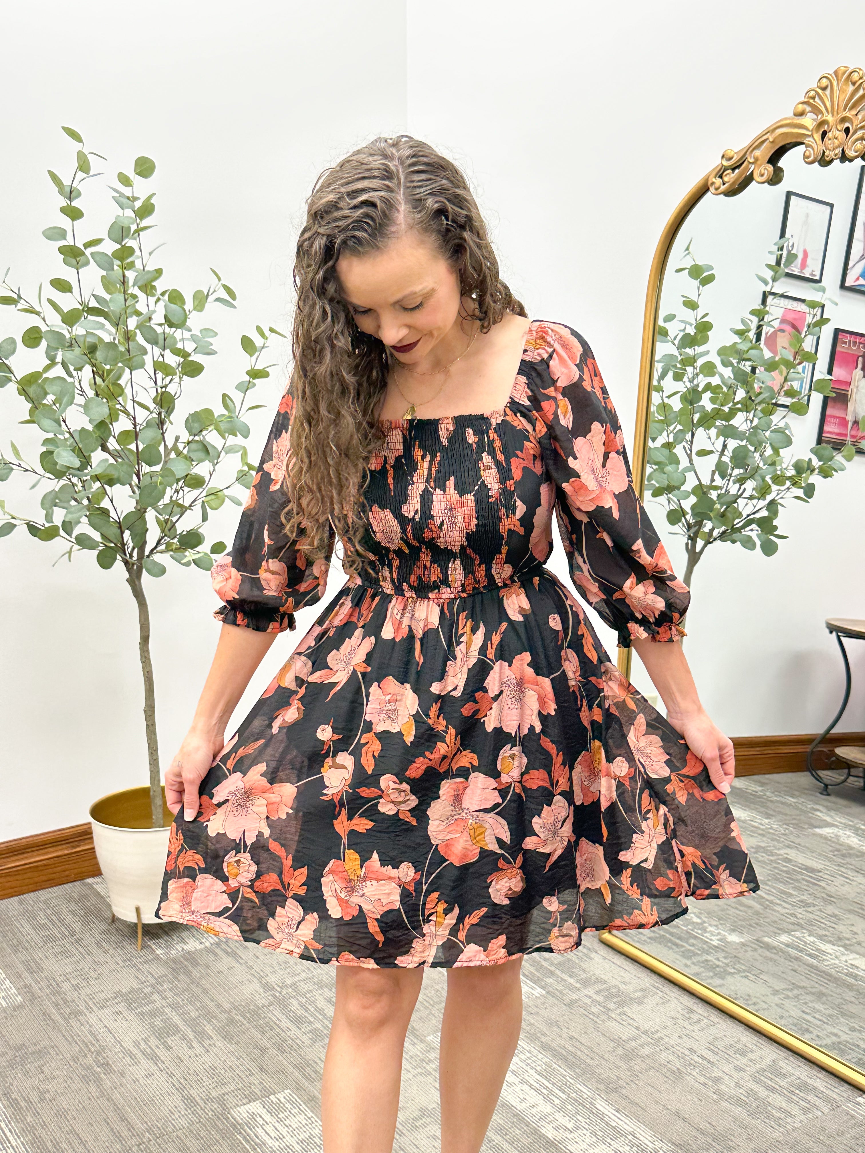 Black Fall Floral Print Dress With Pockets