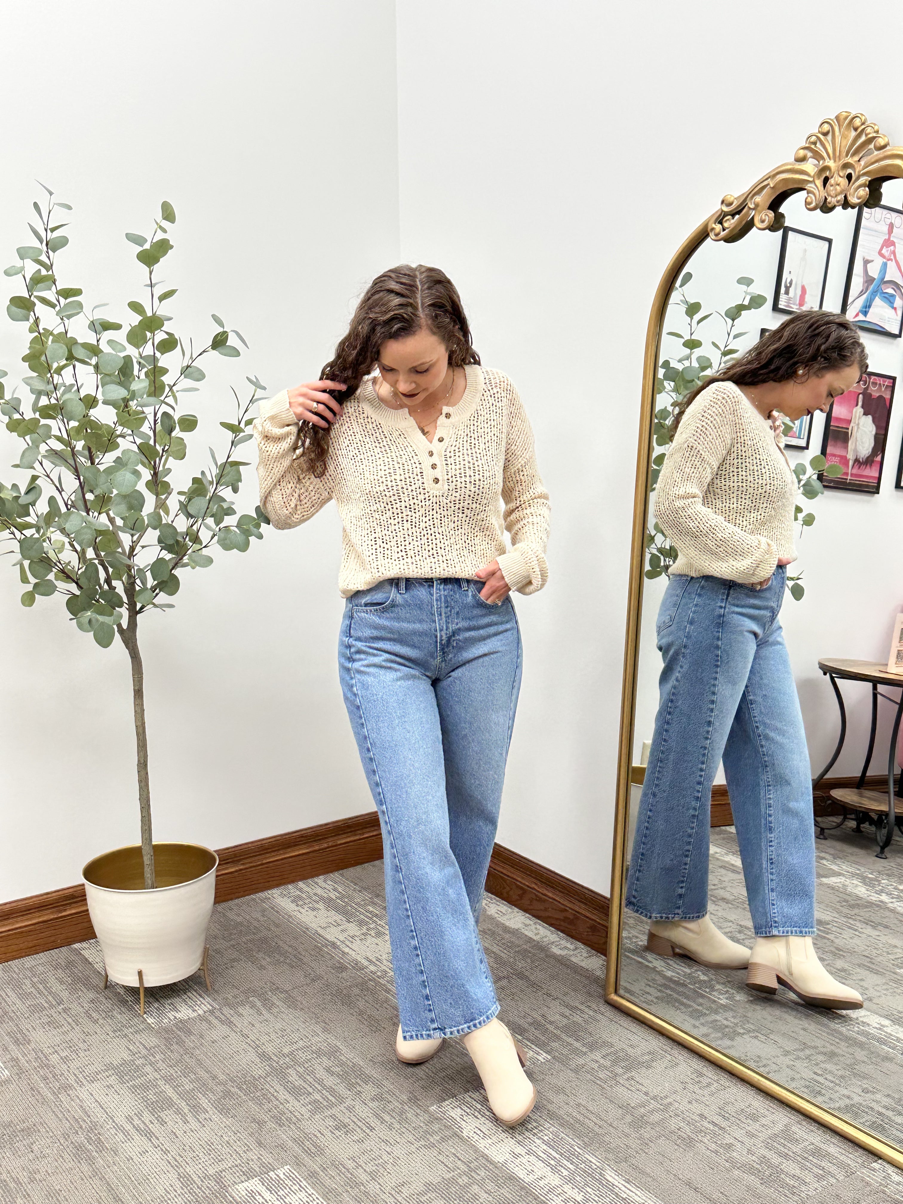 Beige Open Knit Henley Sweater