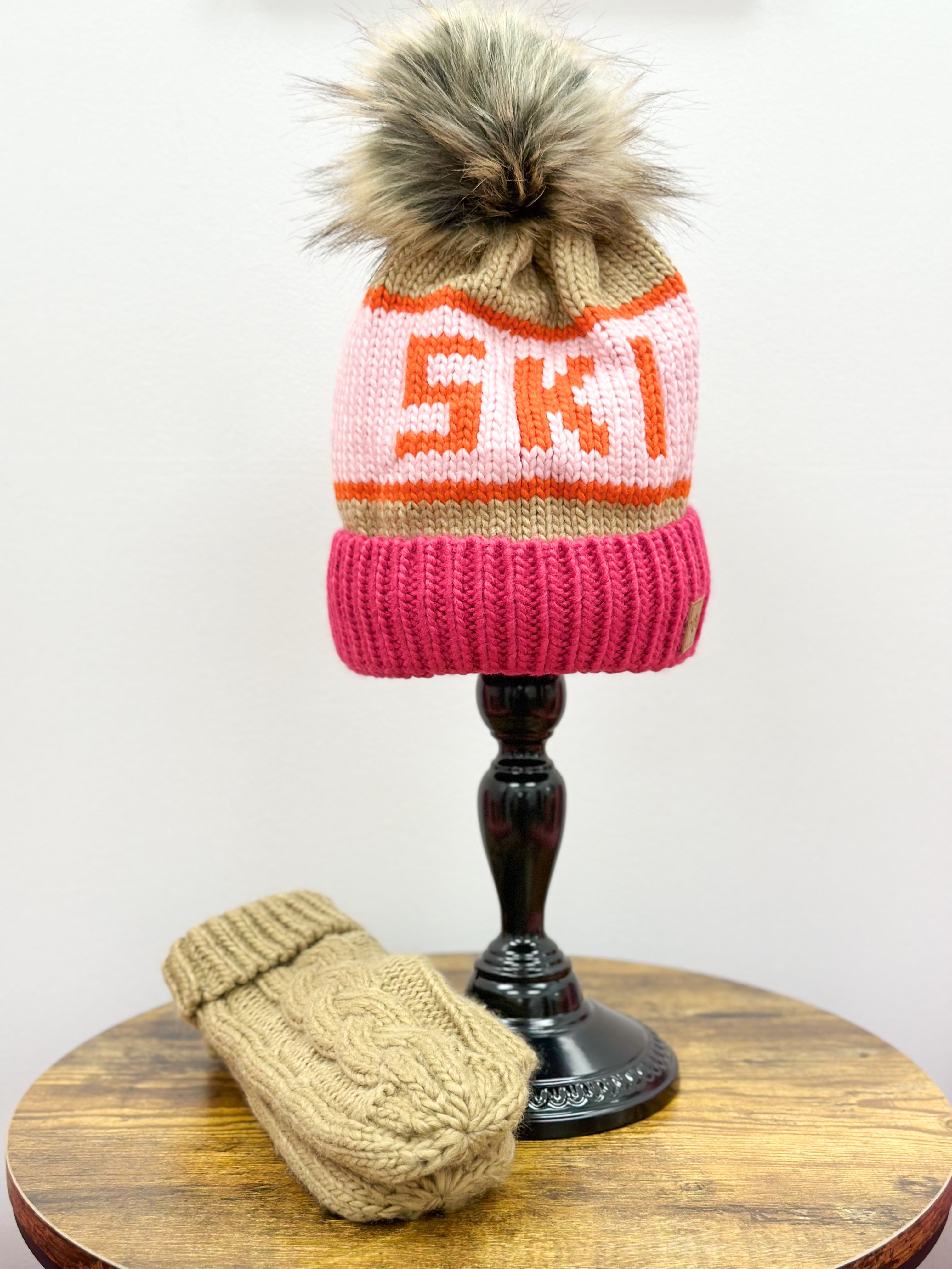 Pink + Orange 'SKI' Knit Hat