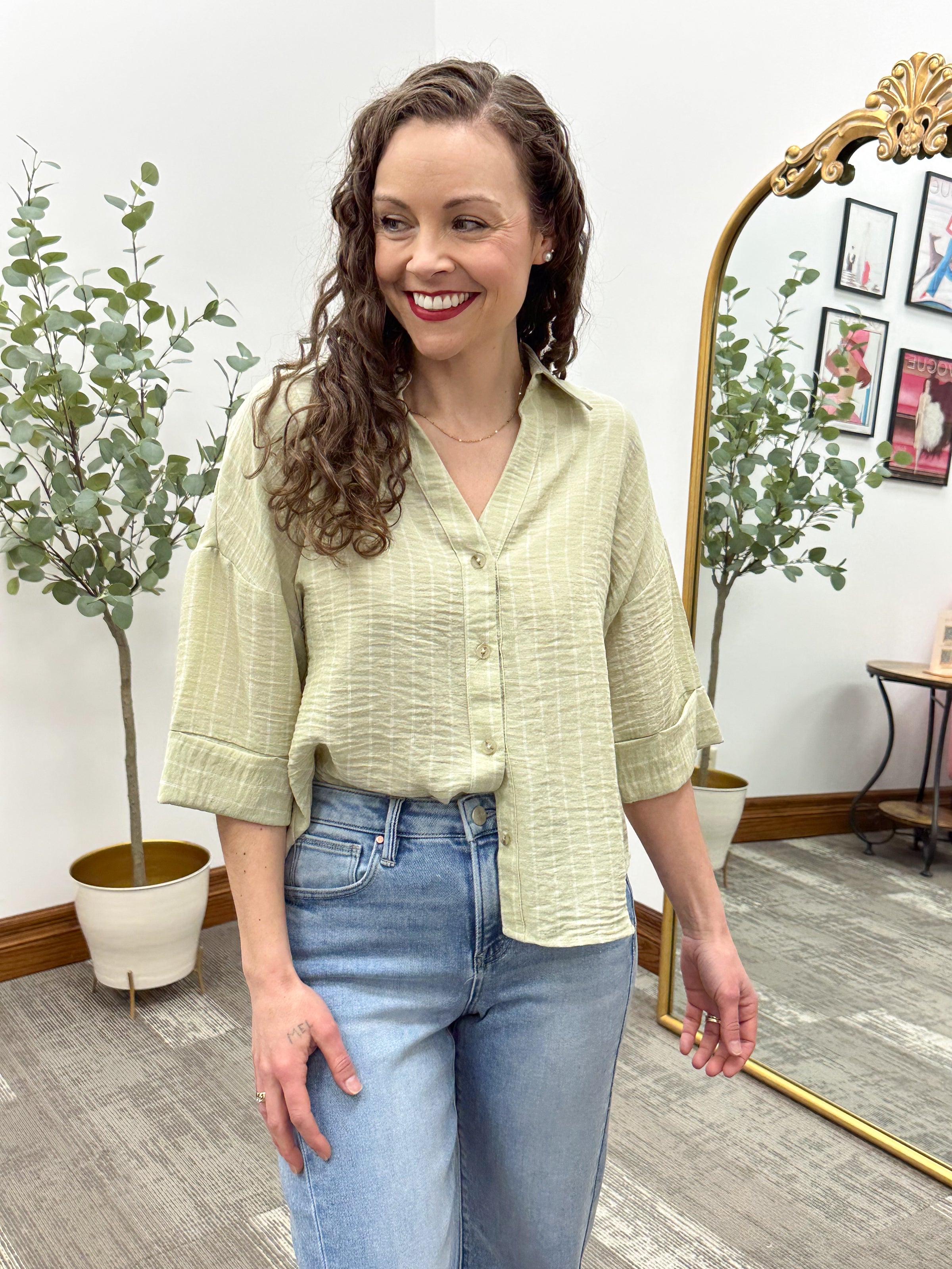 Sage and White Striped Button Up Top