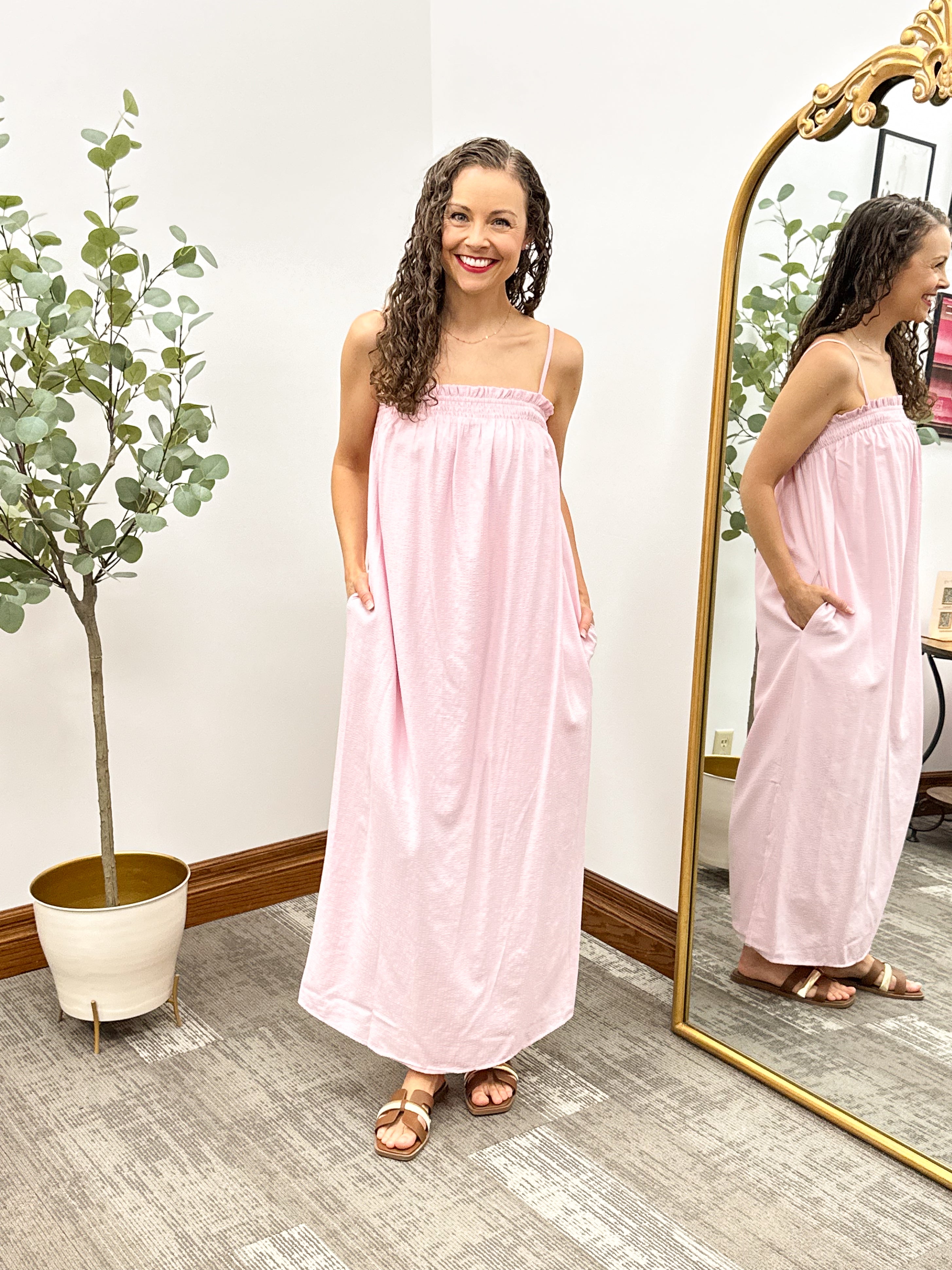 Smocked Pin Striped Midi Dress, Cute pink maxi dress, flowy maxi dress, dresses with pockets