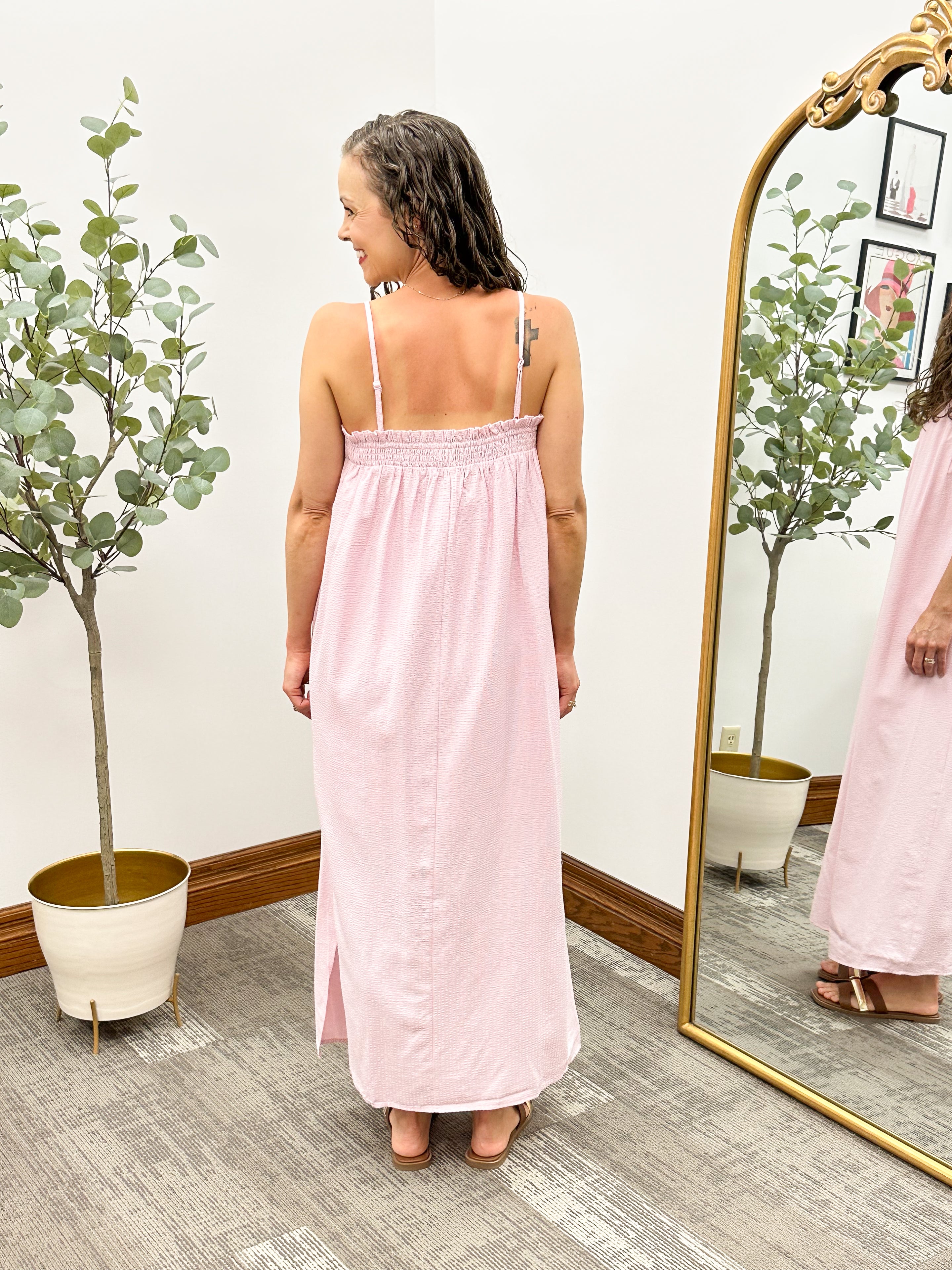 Smocked Pin Striped Midi Dress (2 colors)