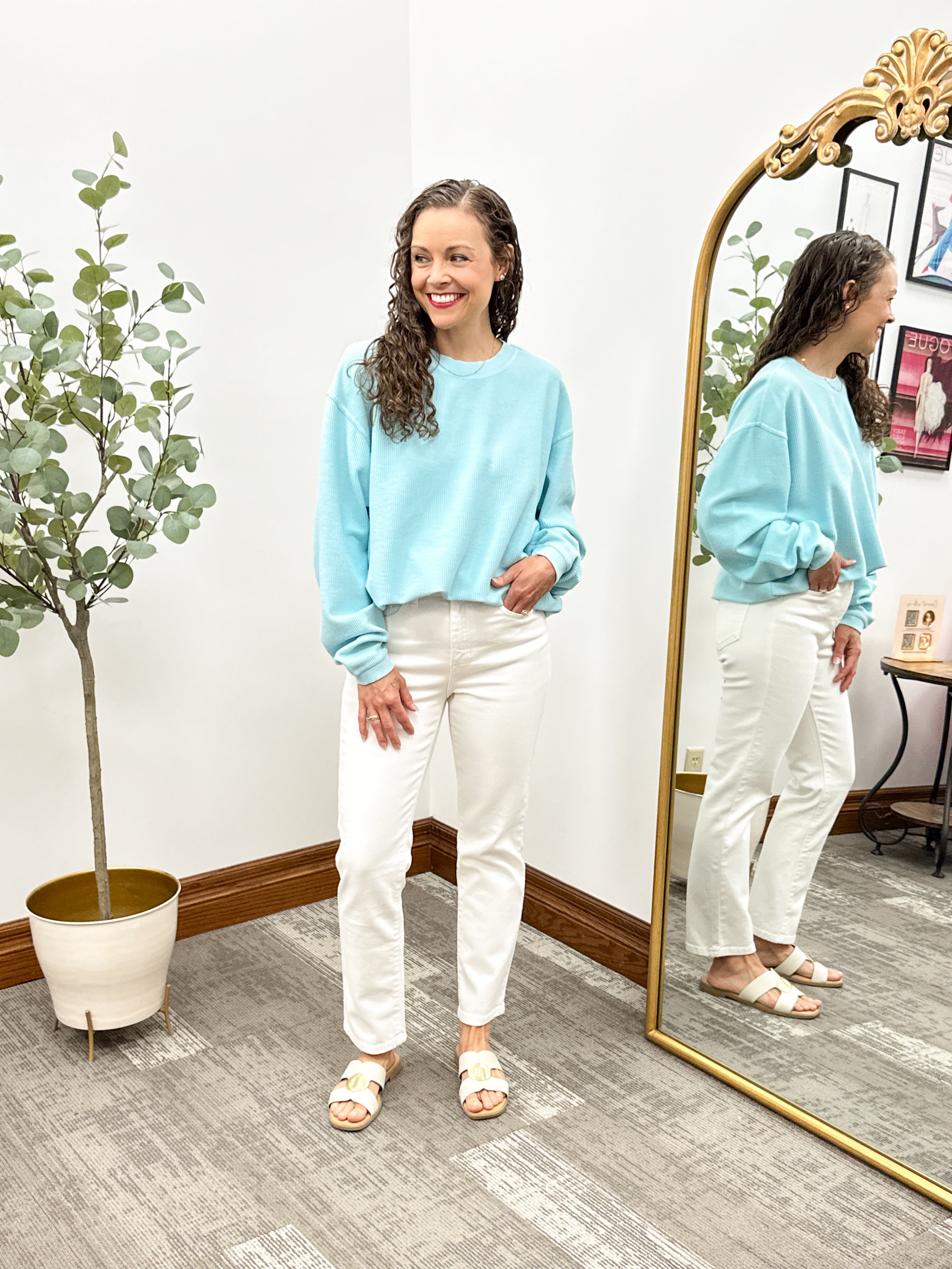 Aqua Oversized Corded Crewneck