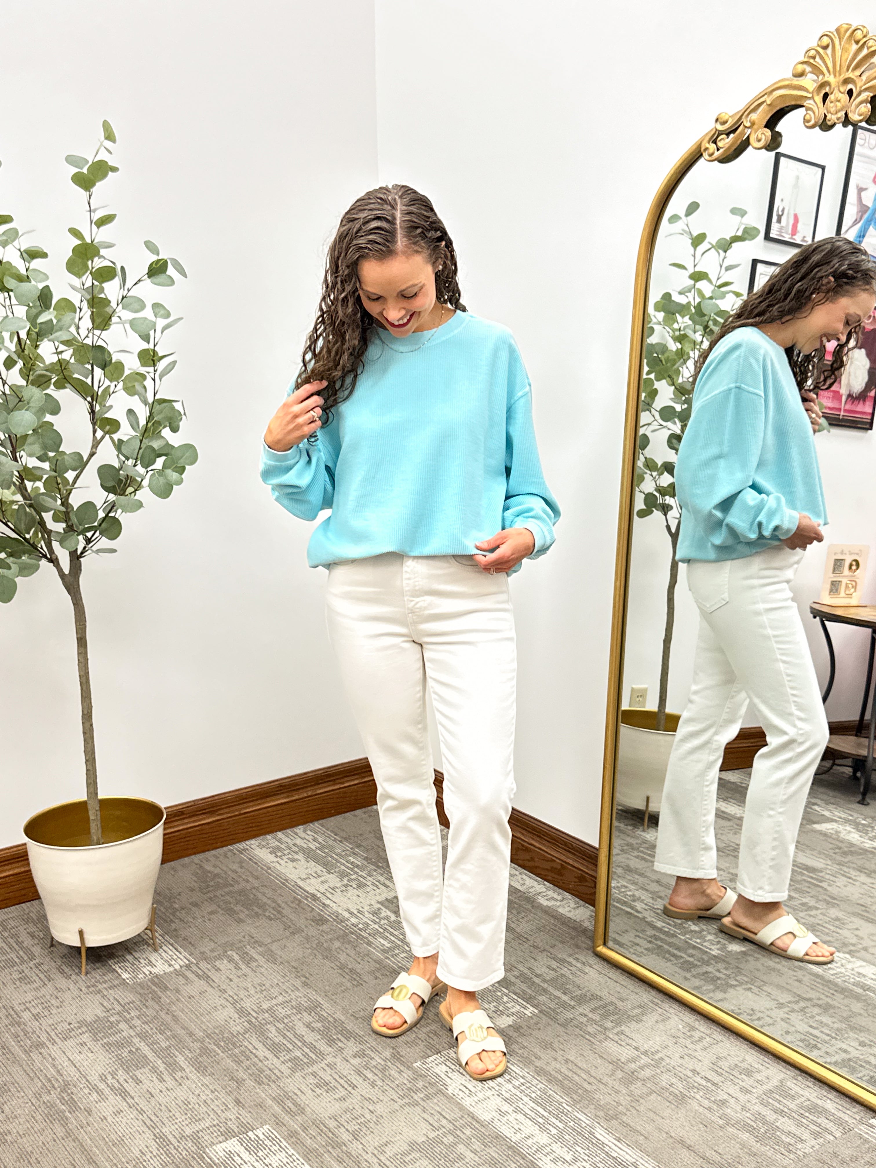 Aqua Oversized Corded Crewneck