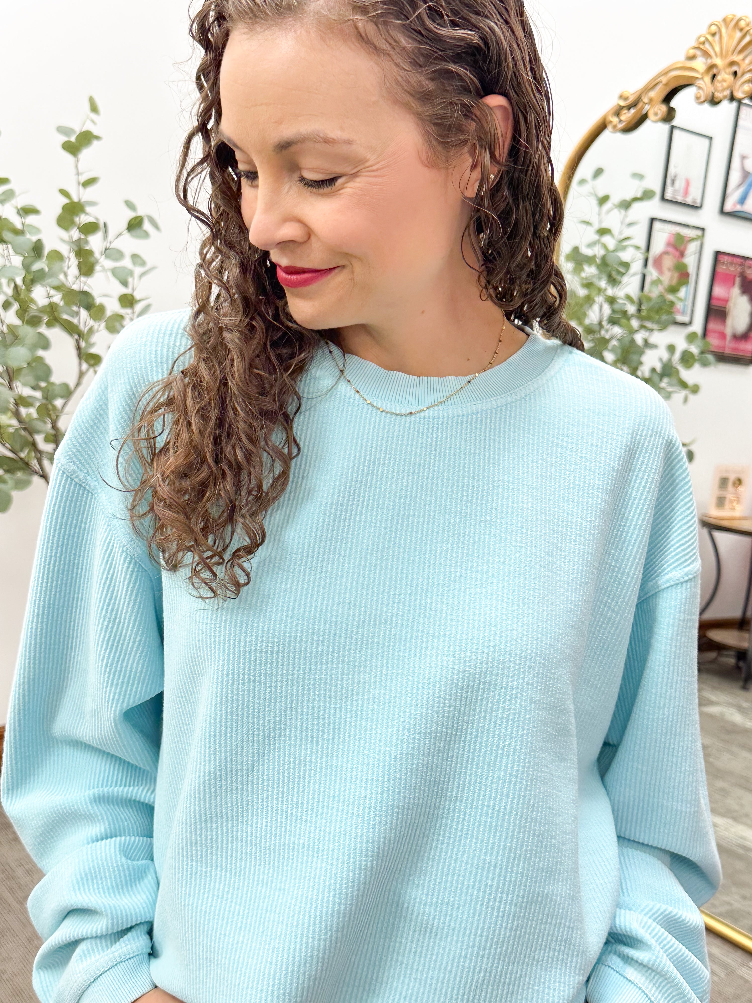 corded crewneck sweatshirt, lightweight sweatshirt, sweatshirt for summer, vacation sweatshirt