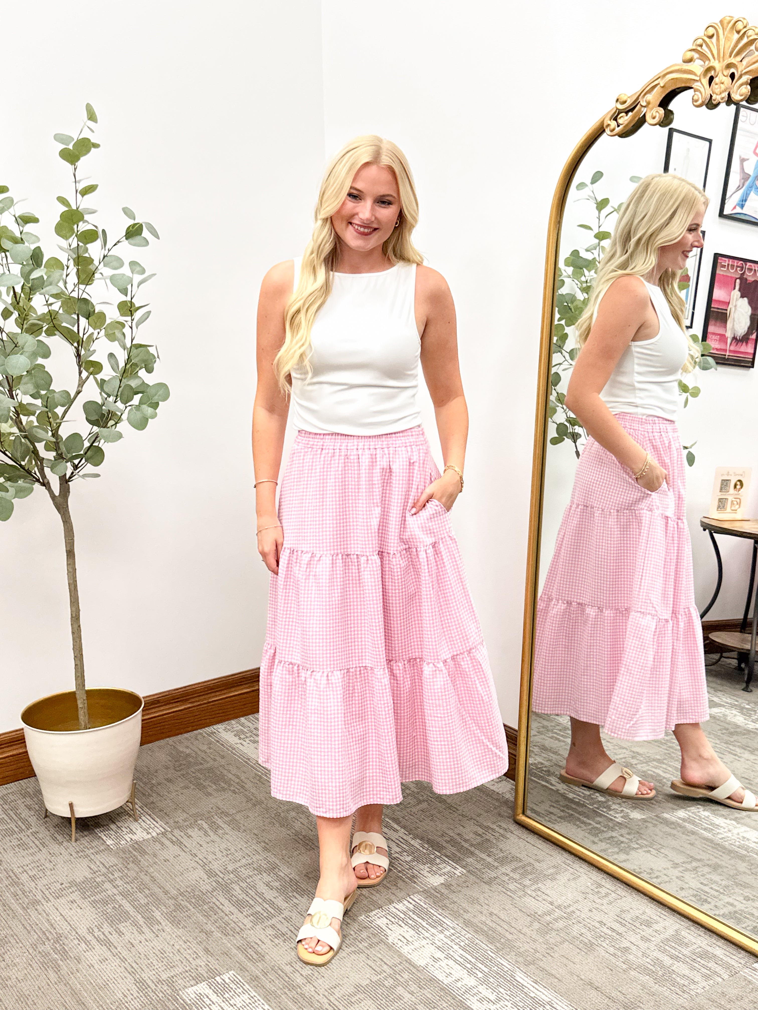 Pink Gingham Seersucker Midi Skirt, Pink plaid midi skirt, senior picture outfits, family photo outfits