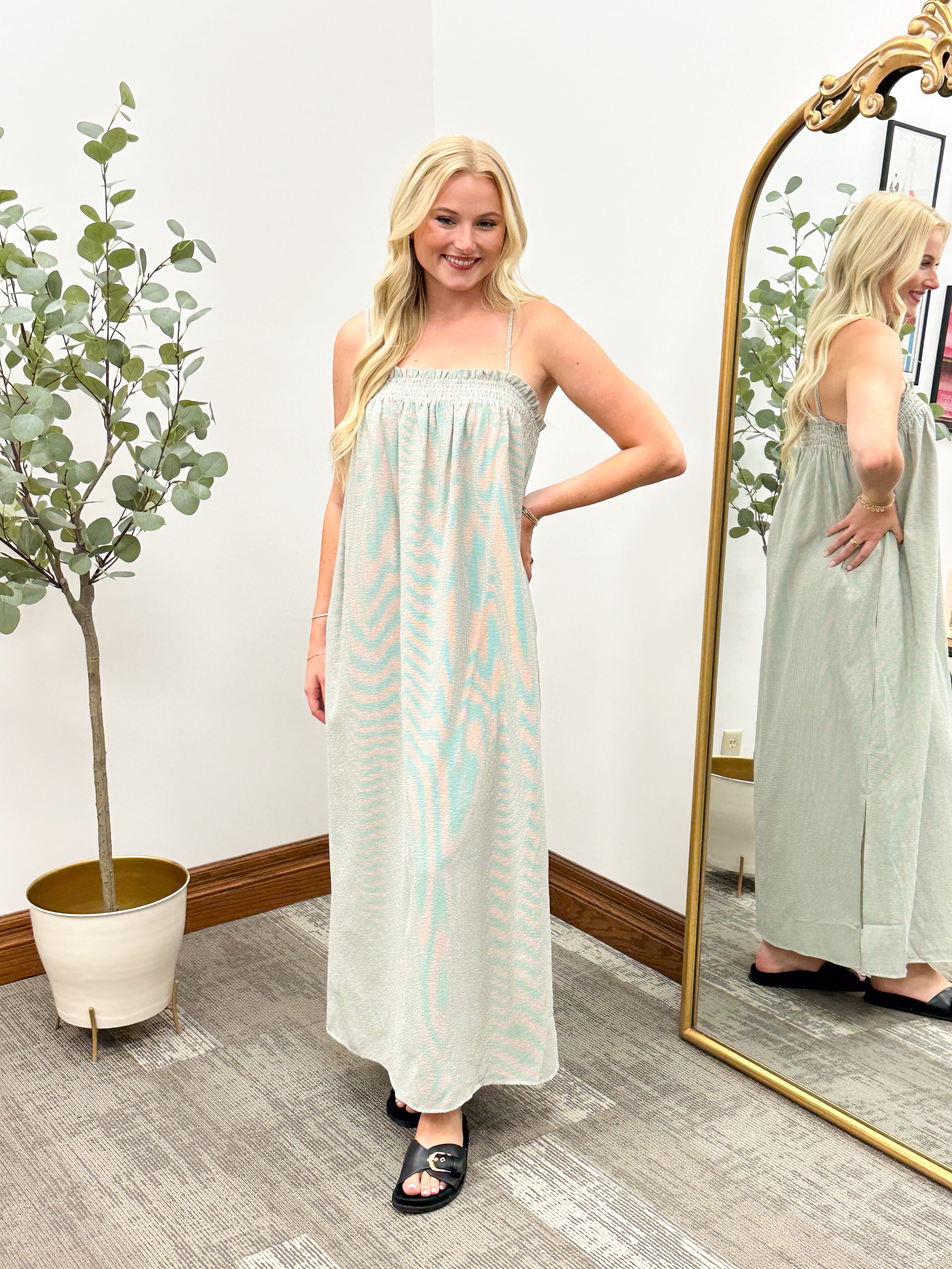 Smocked Pin Striped Midi Dress (2 colors)