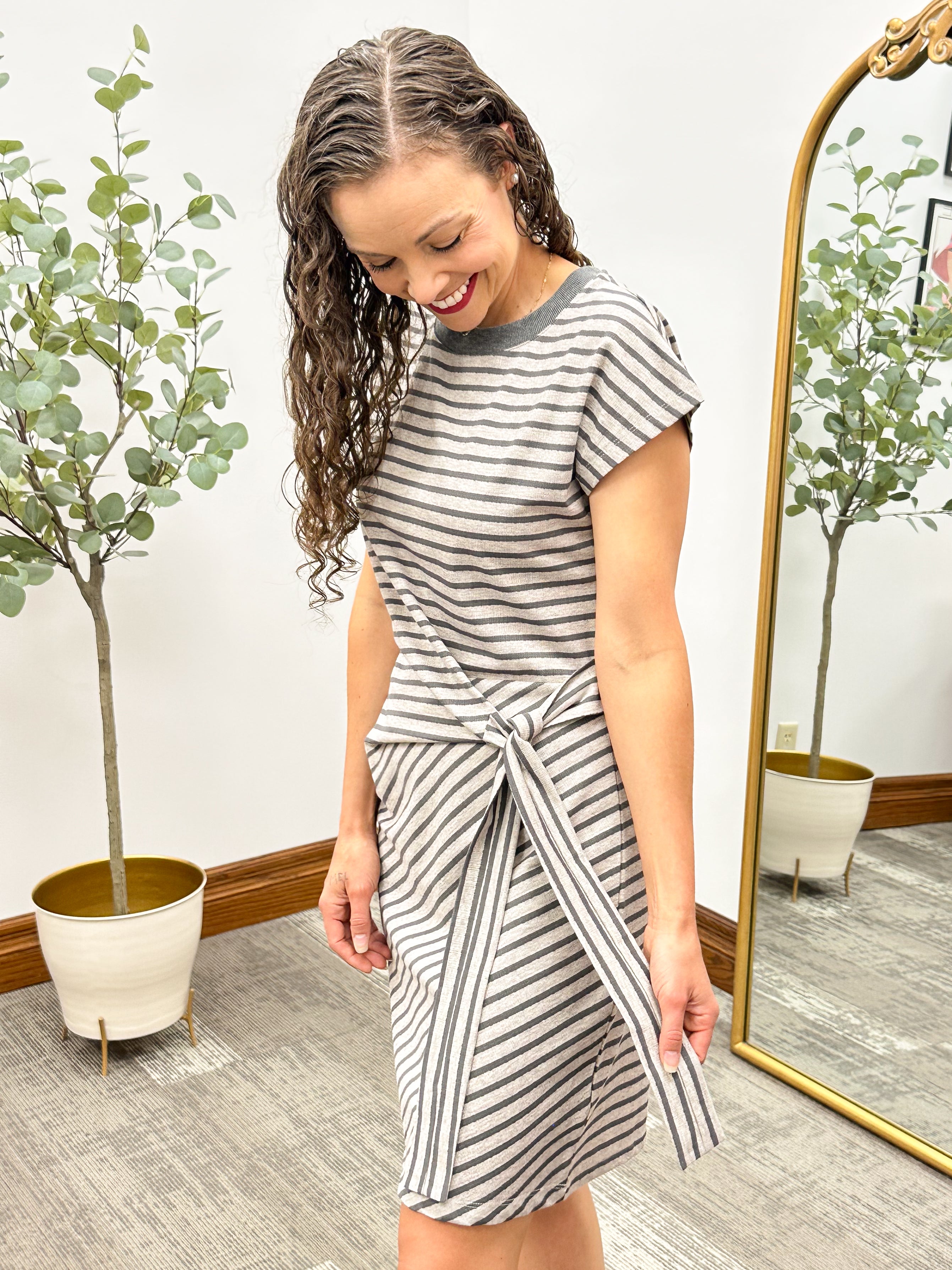 Gray Striped Front Tie Dress