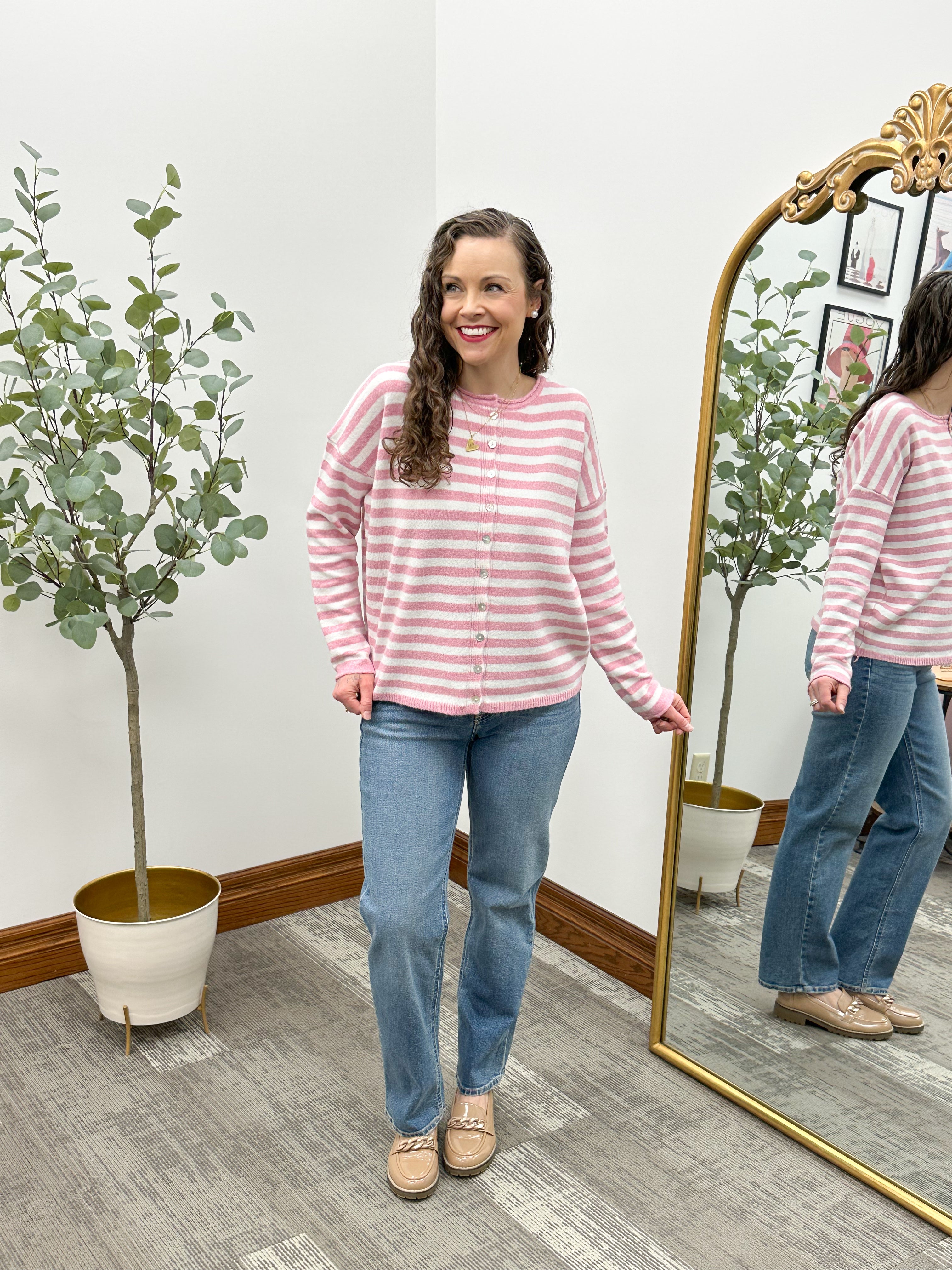 Pink & Cream Striped Button Up Cardigan