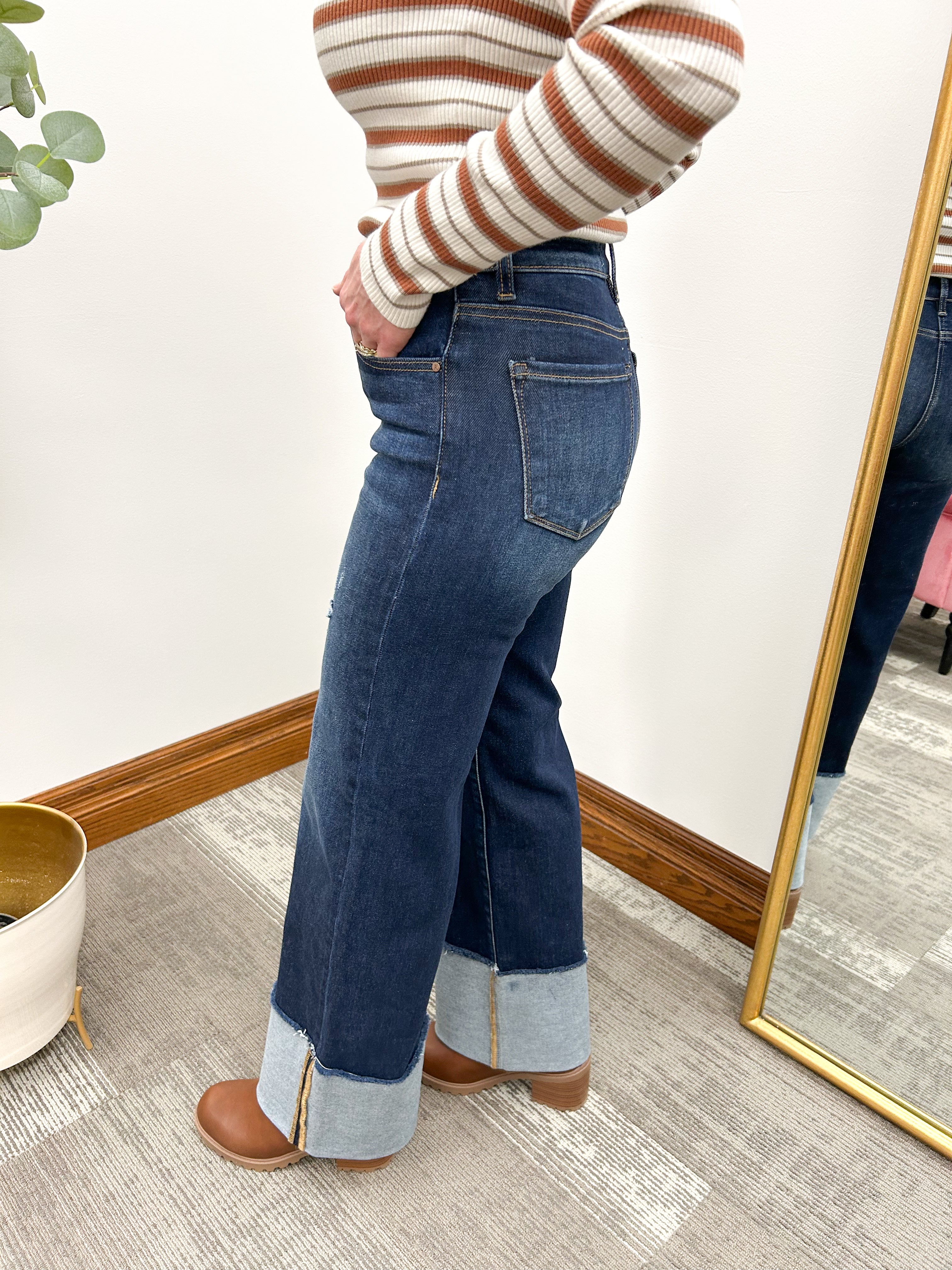 Dark Wash HR Wide Cuff Jeans