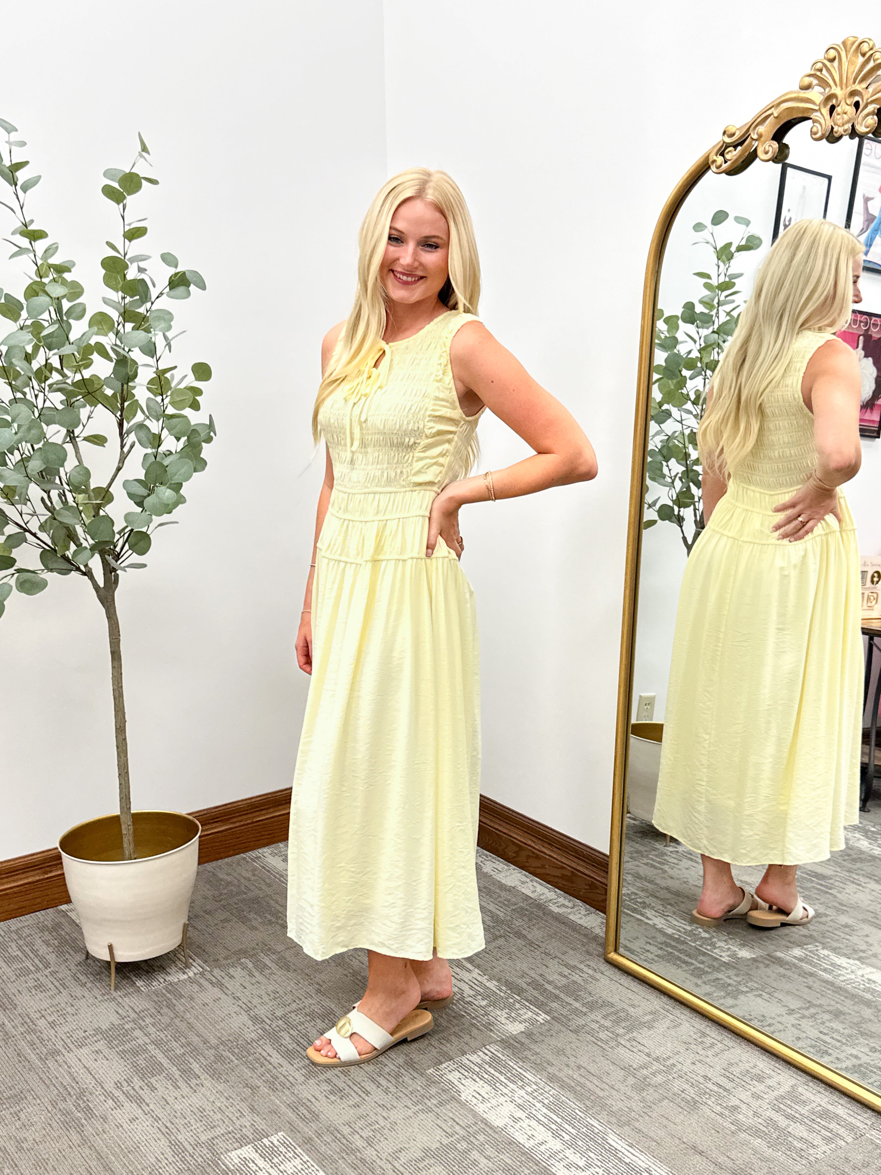 Yellow midi dress, cute yellow dress for summer, senior picture dress