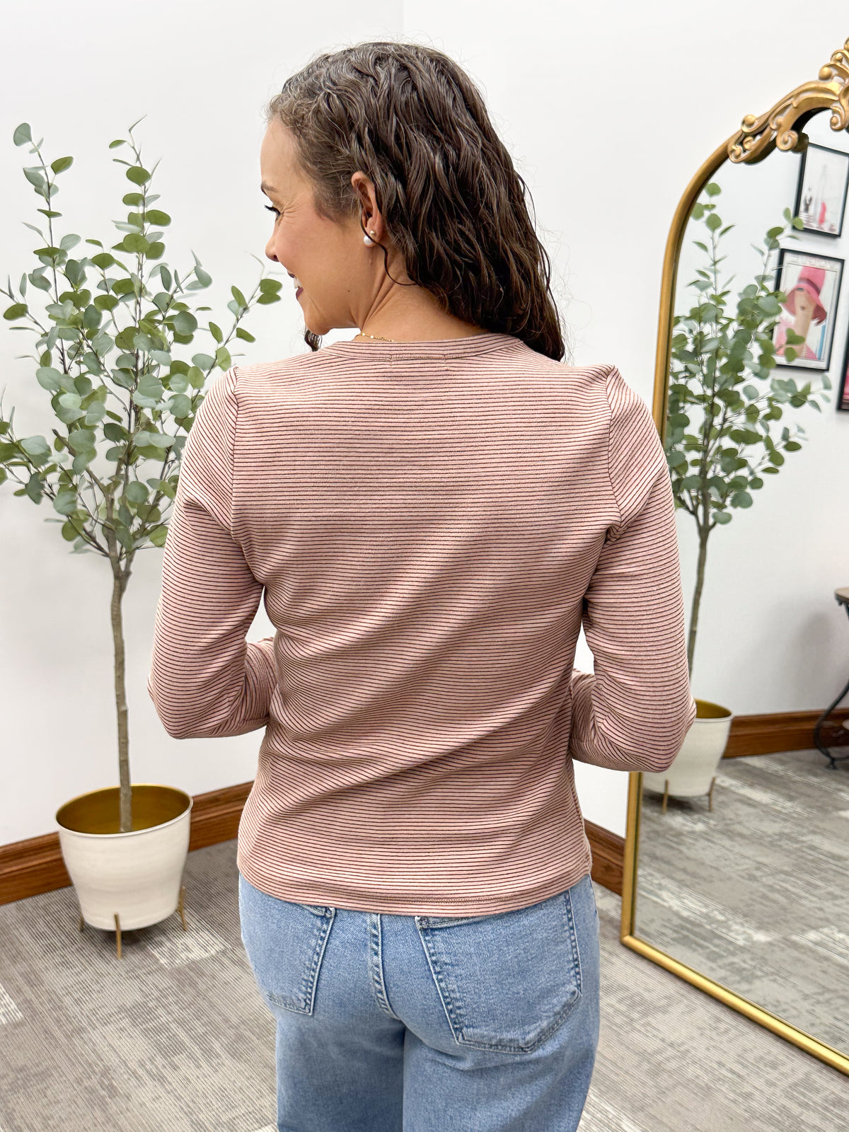 Pink & Brown Striped Long Sleeve Top