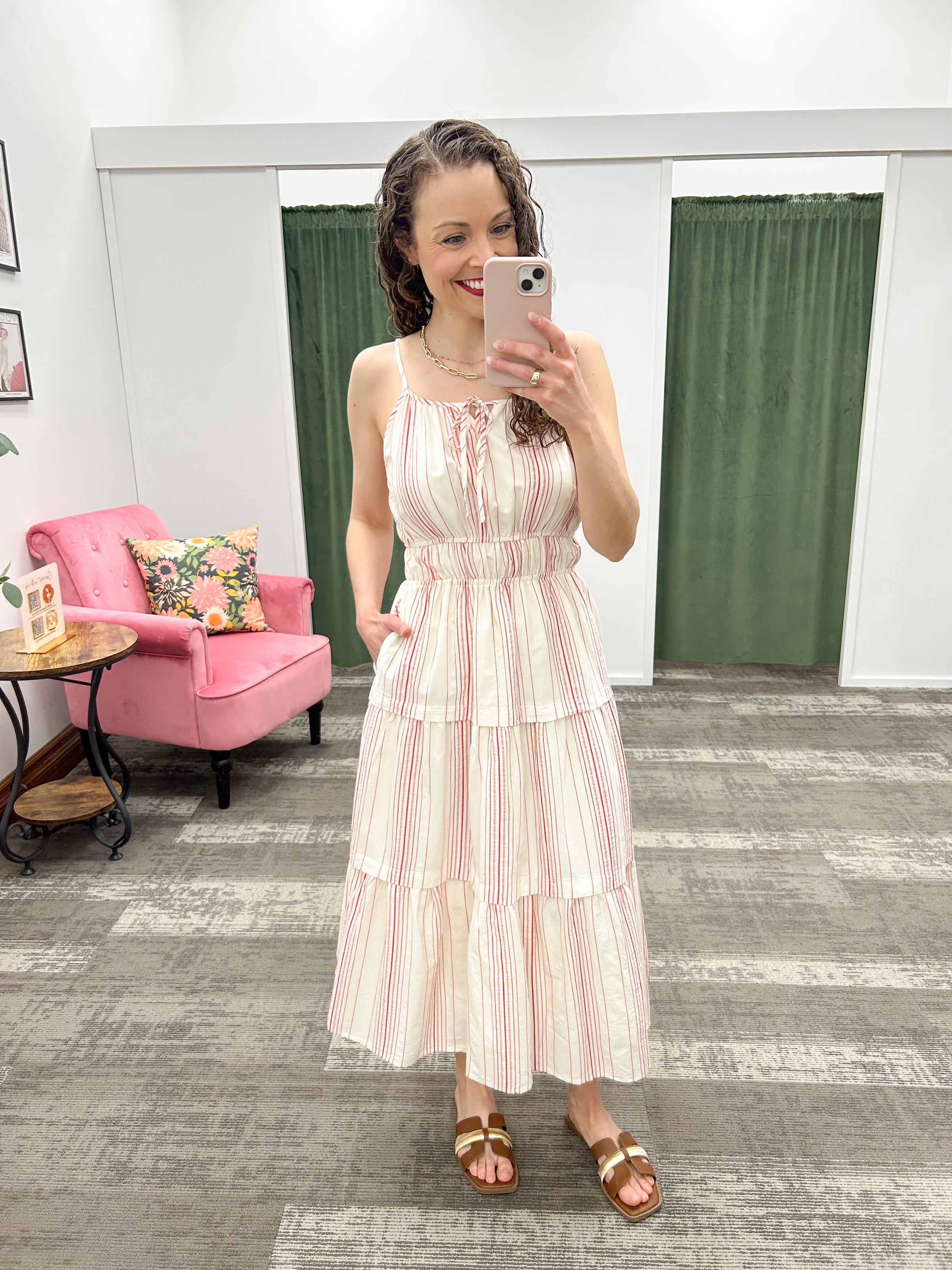 Cream & Red Striped Midi Dress