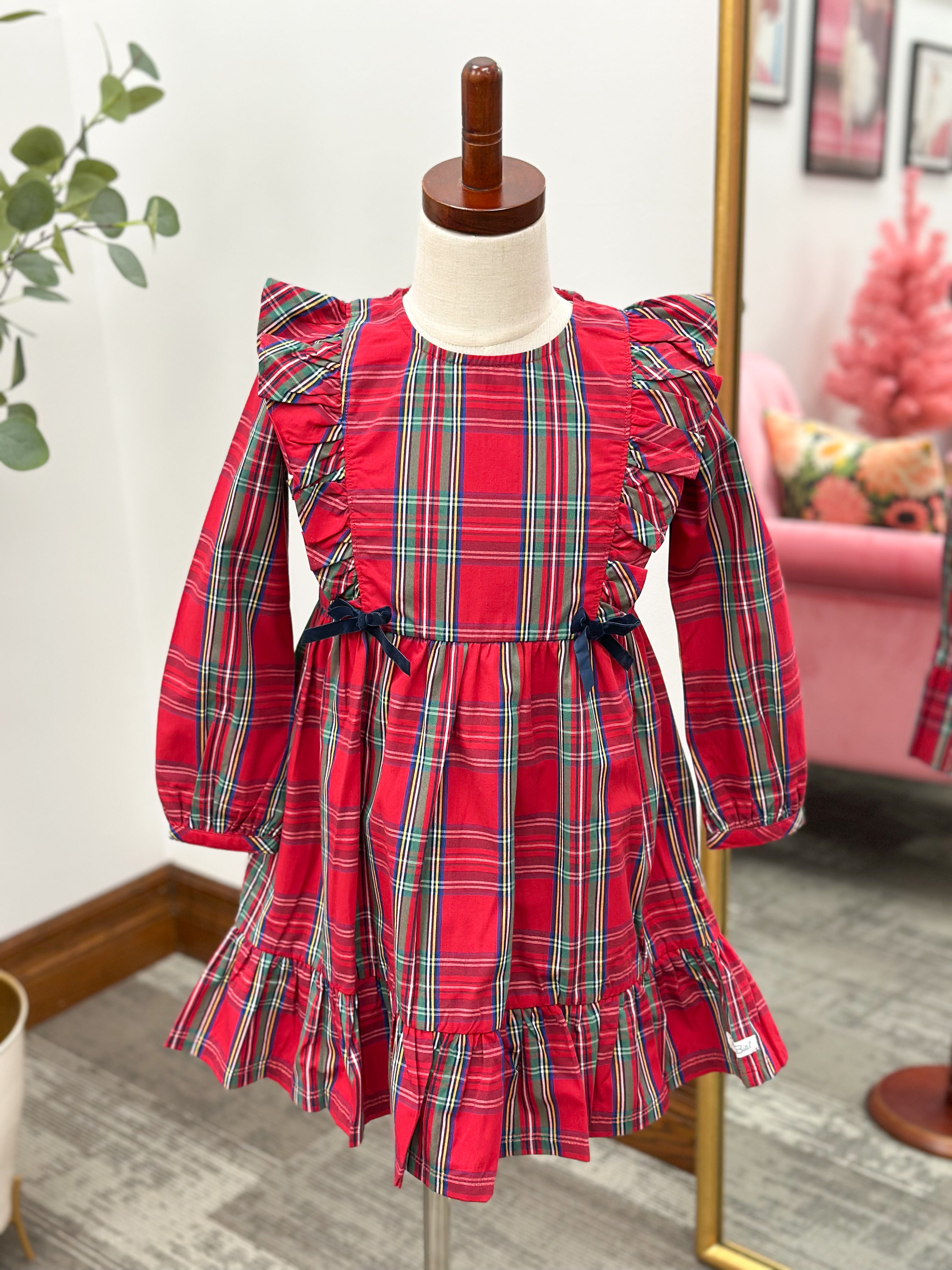 Girls Red Plaid Ruffle Dress