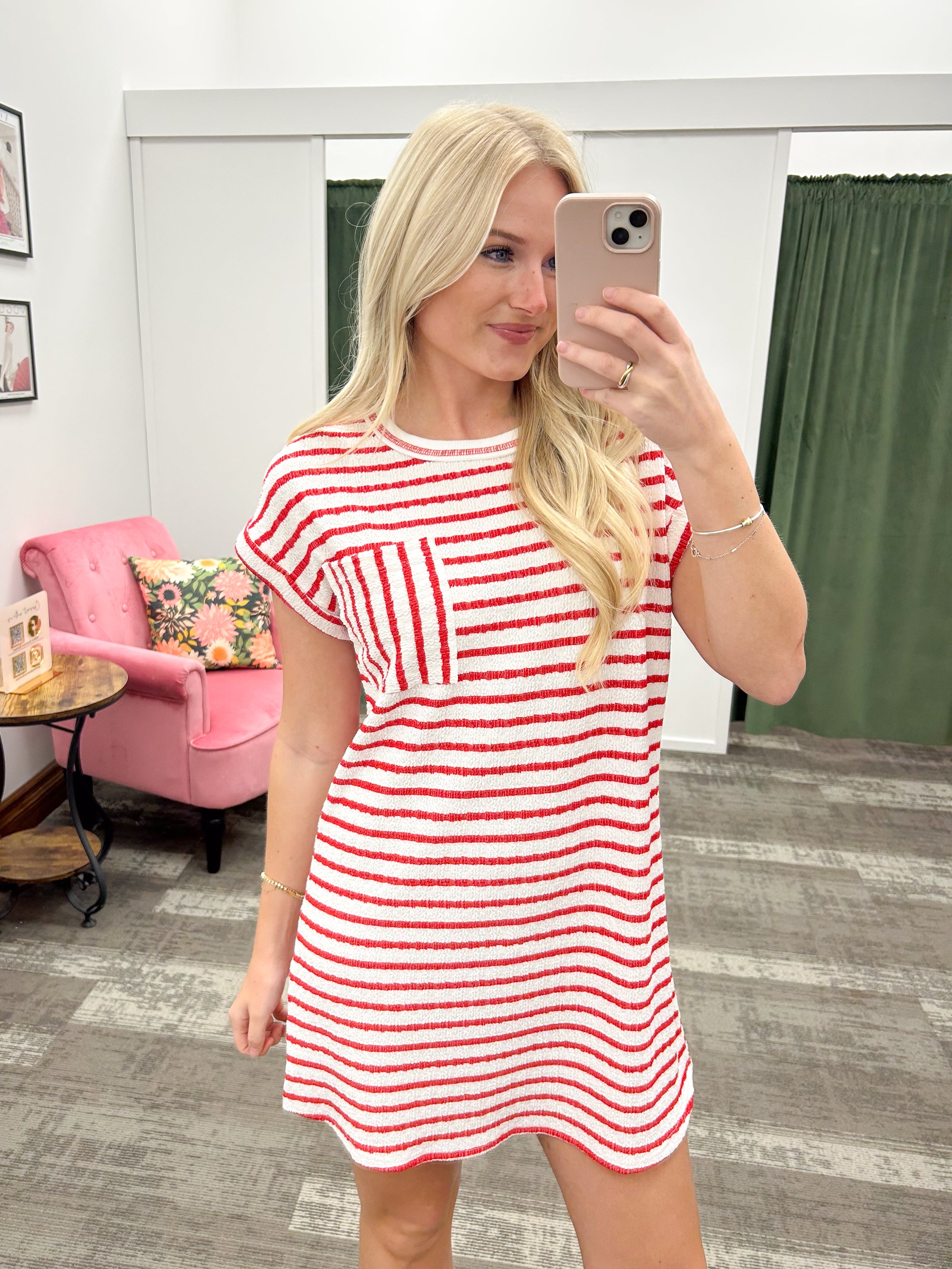 Textured Striped Short Sleeve T-Shirt Dress