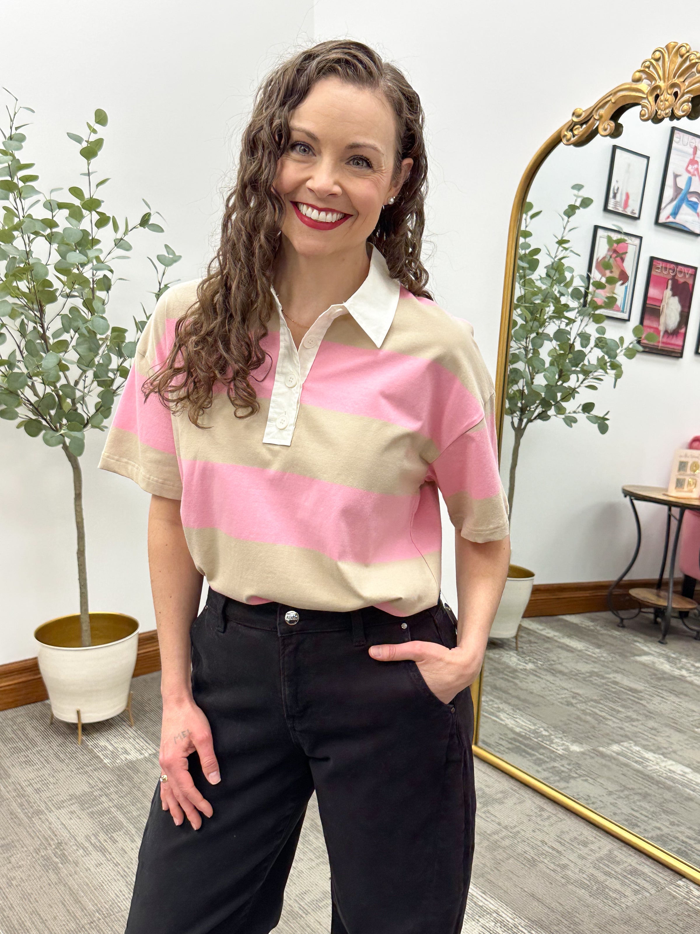 Oversized Rugby Pink Striped Polo Shirt 