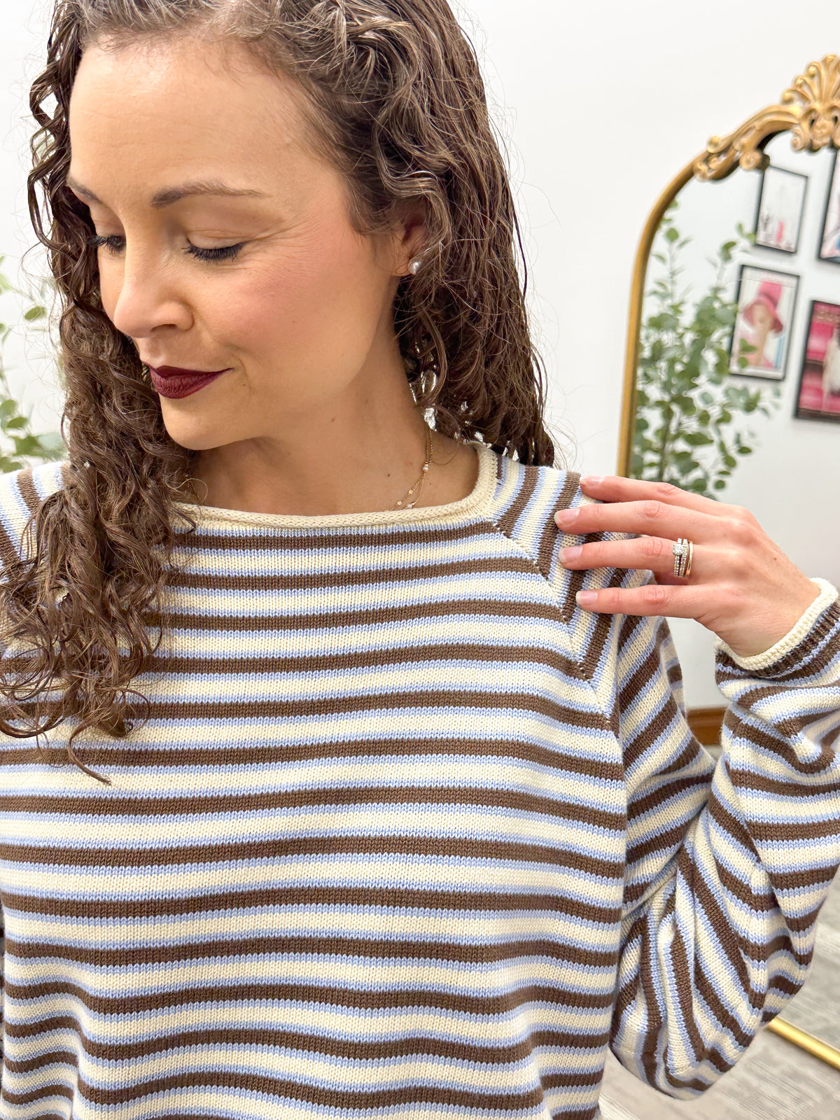 Blue, Brown, & Cream Striped Knit Sweater