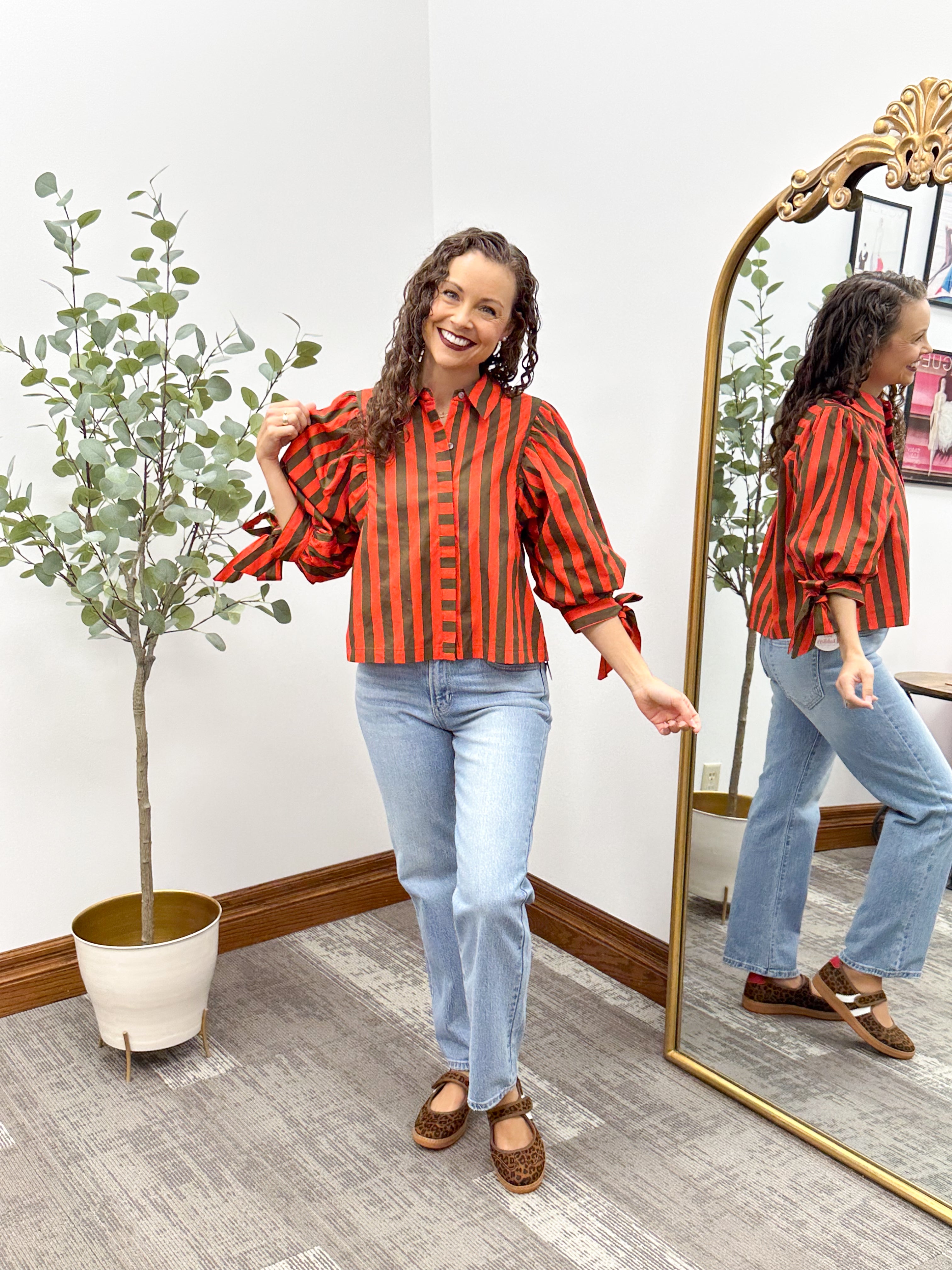 Tie Sleeve Striped Button Up Blouse