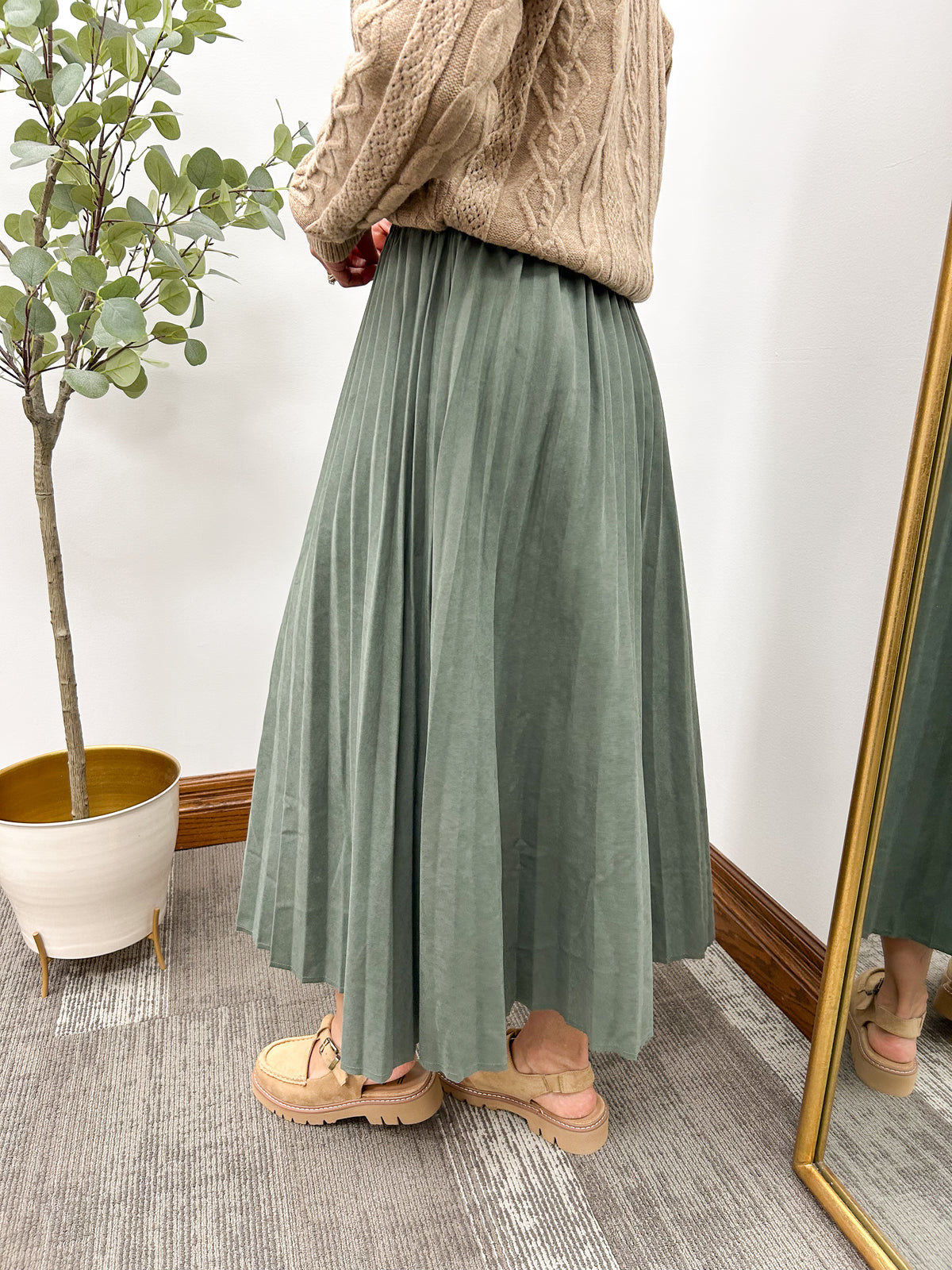 Olive Faux Suede Pleated Midi Skirt