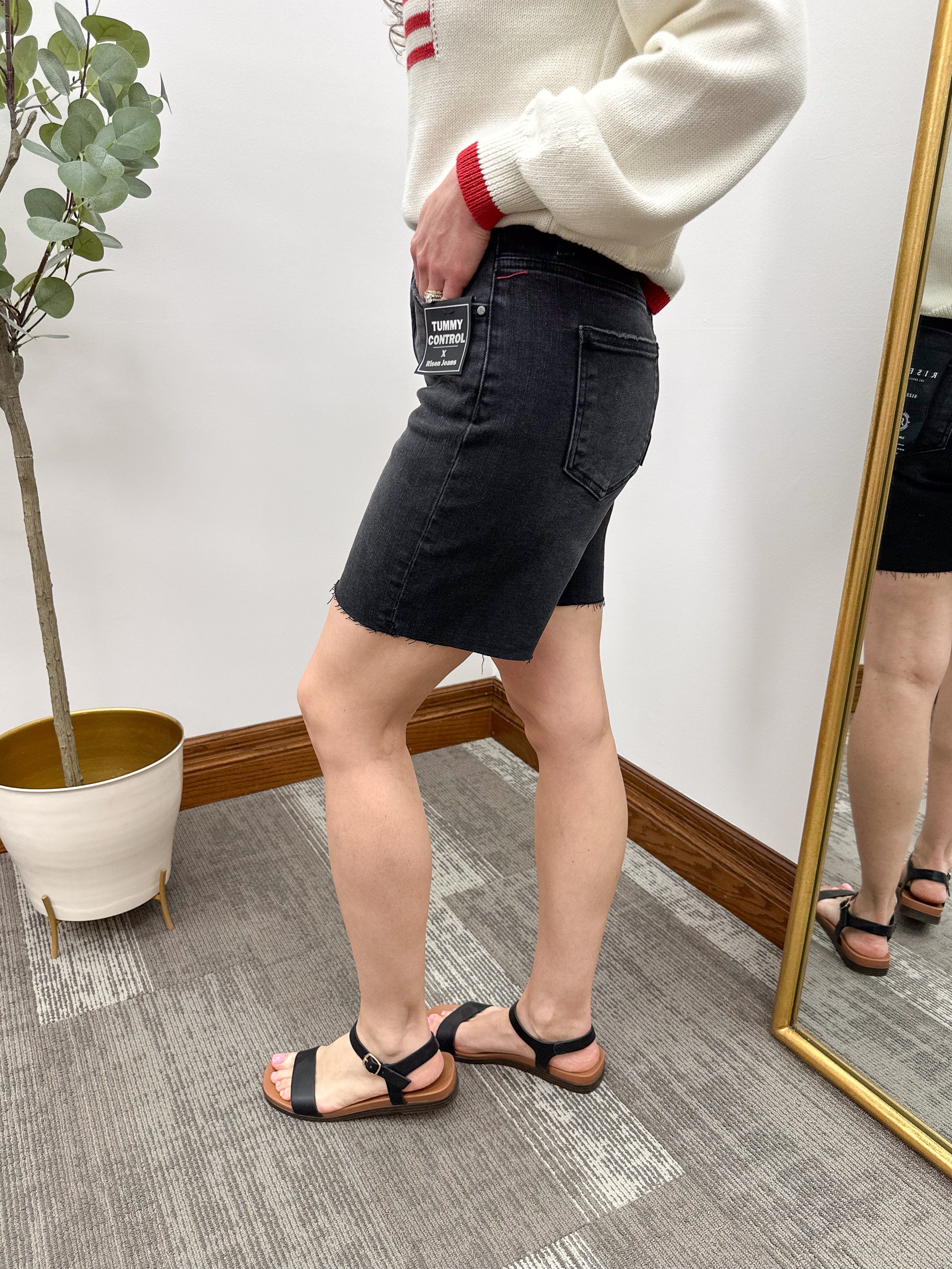 Black Tummy Control HR Raw Hem Denim Shorts