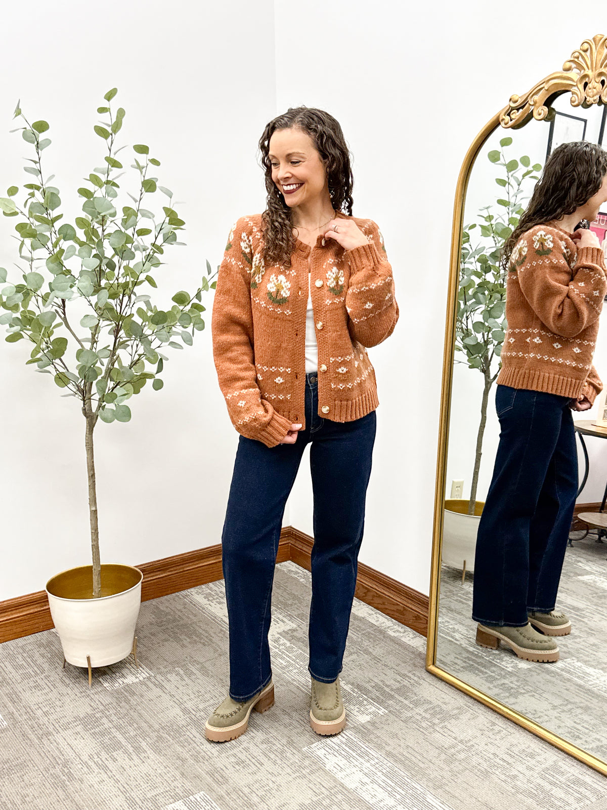 Rust Floral Button Up Cardigan