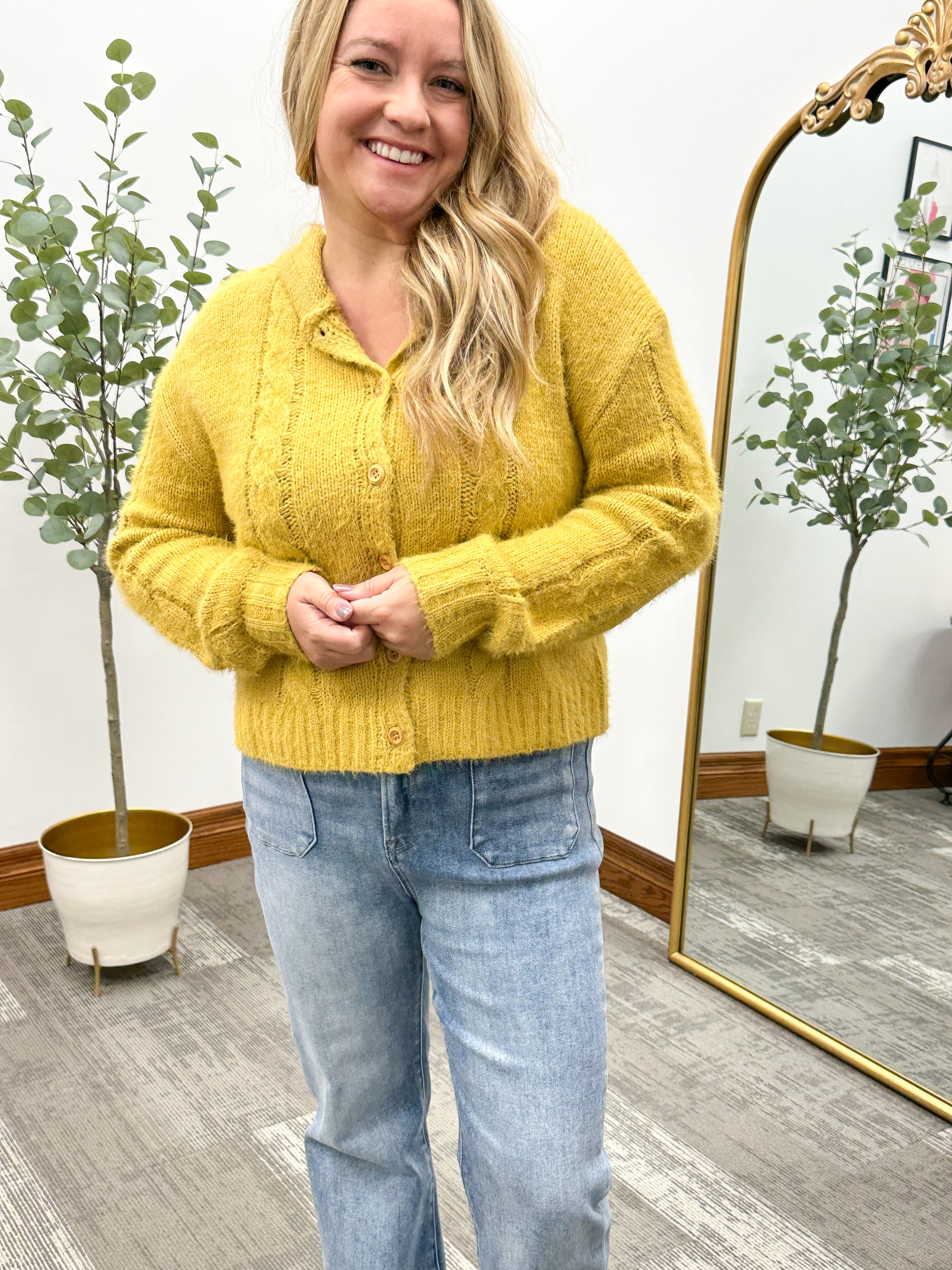 Mustard Hooded Cable Cardigan