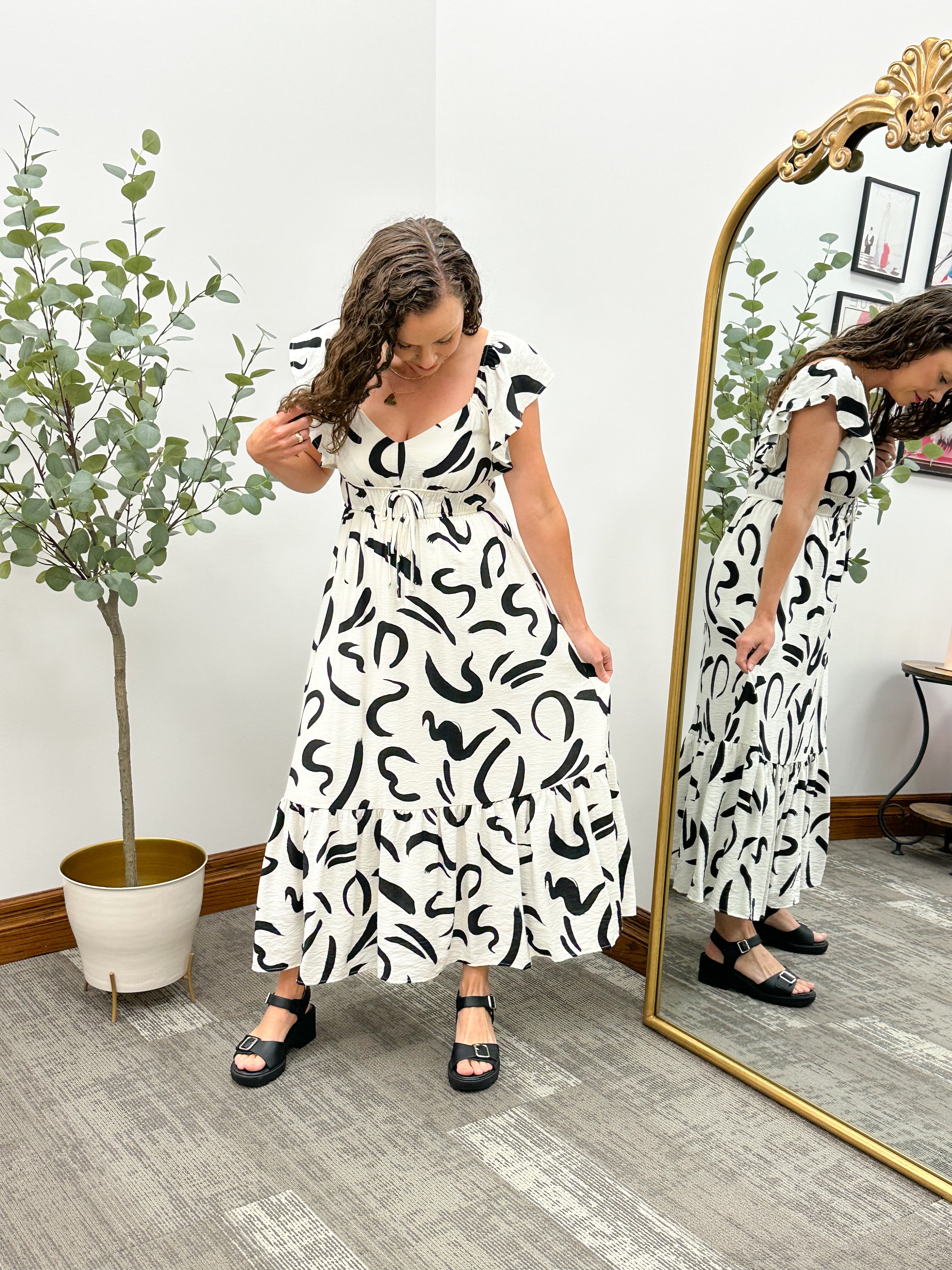 Cream and Black Abstract Print Ruffle Sleeve Maxi Dress